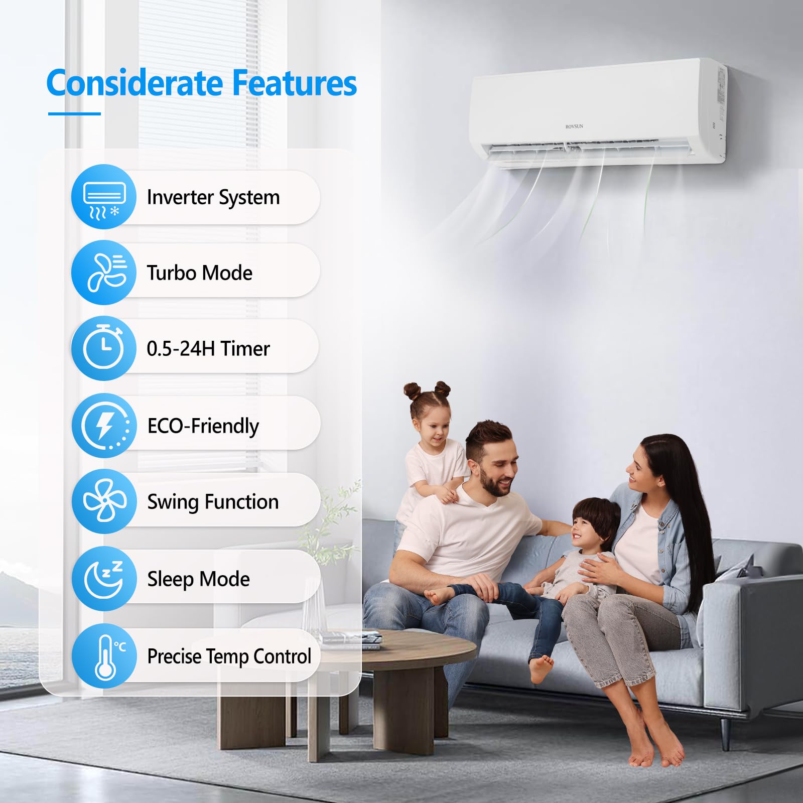 ROVSUN 2 Zone 9000 + 9000 / 18000 BTU Wifi Mini Split Air Conditioner Ductless 19 SEER2 230V with Heat Pump & 25Ft Install Kit