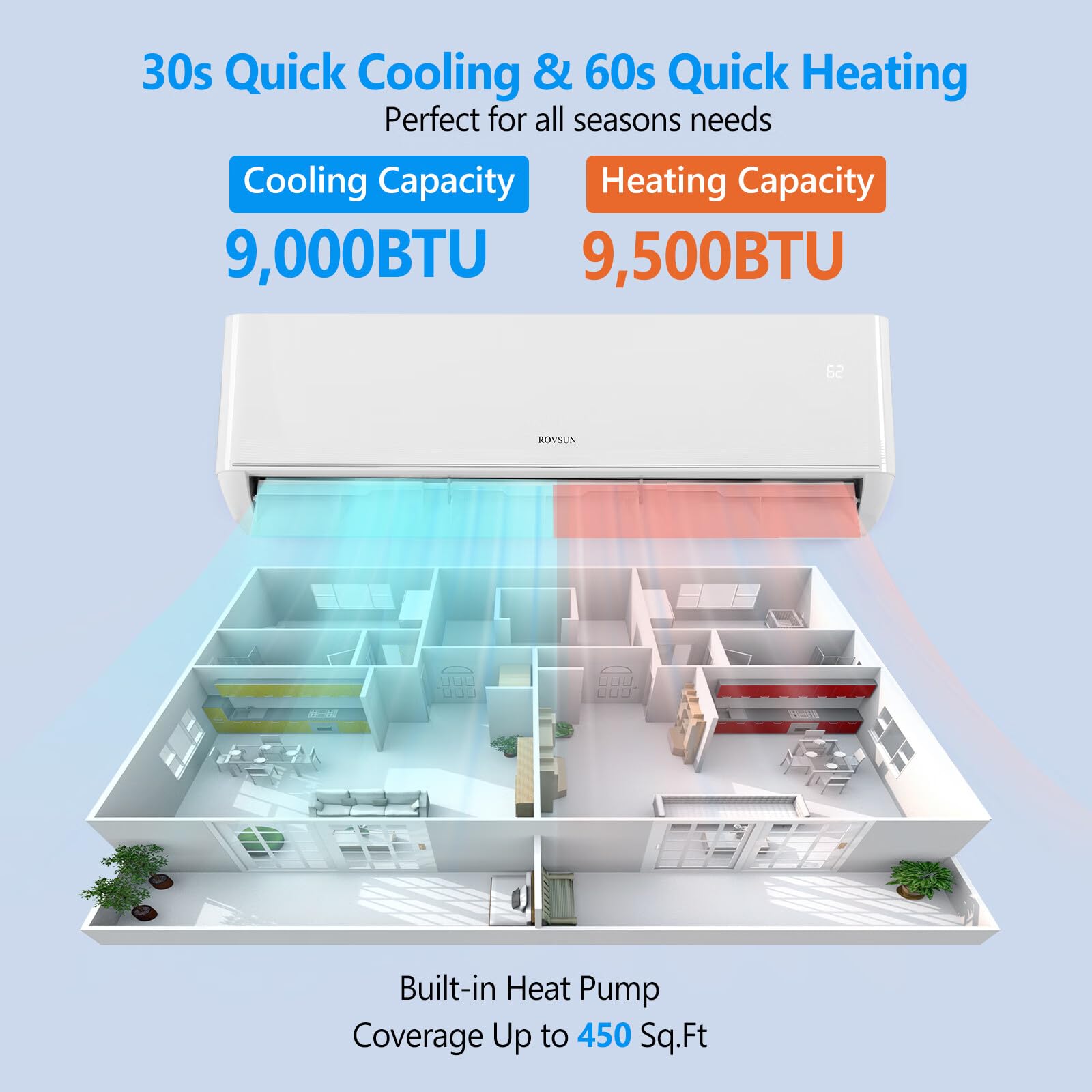 ROVSUN 9000 BTU 23 SEER2 115V Wifi Enabled Ductless Mini Split Air Conditioner with Heat Pump Inverter & Install Kit