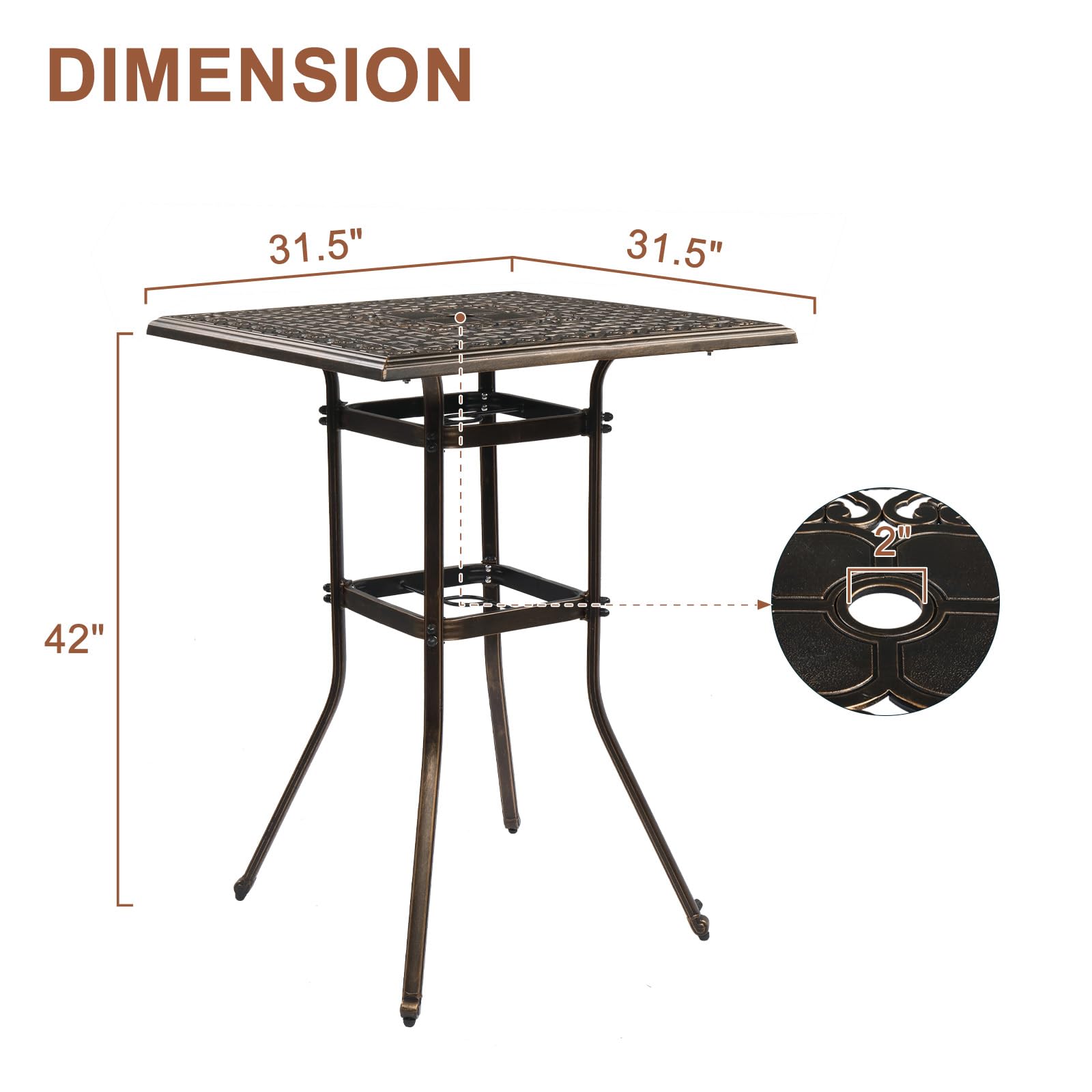 32 Inch Square Outdoor Bar Table with Umbrella Hole Bronze