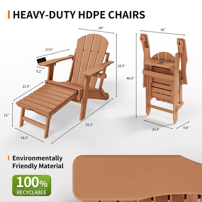 Plastic Folding HDPE Adirondack Chairs with Retractable Footrest Teak