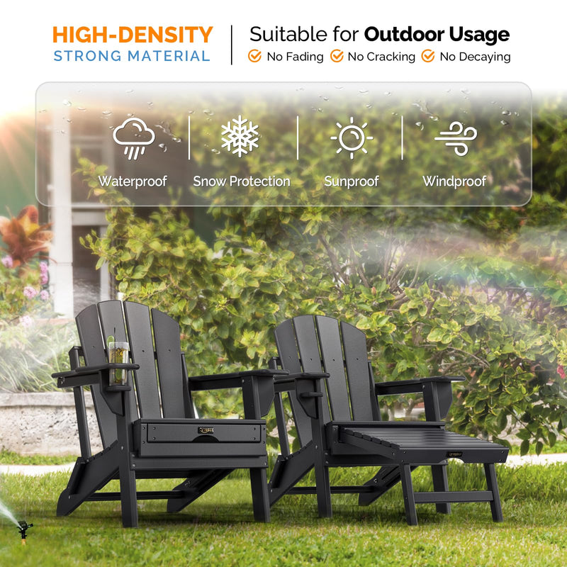 Plastic Folding HDPE Adirondack Chairs with Retractable Footrest Black