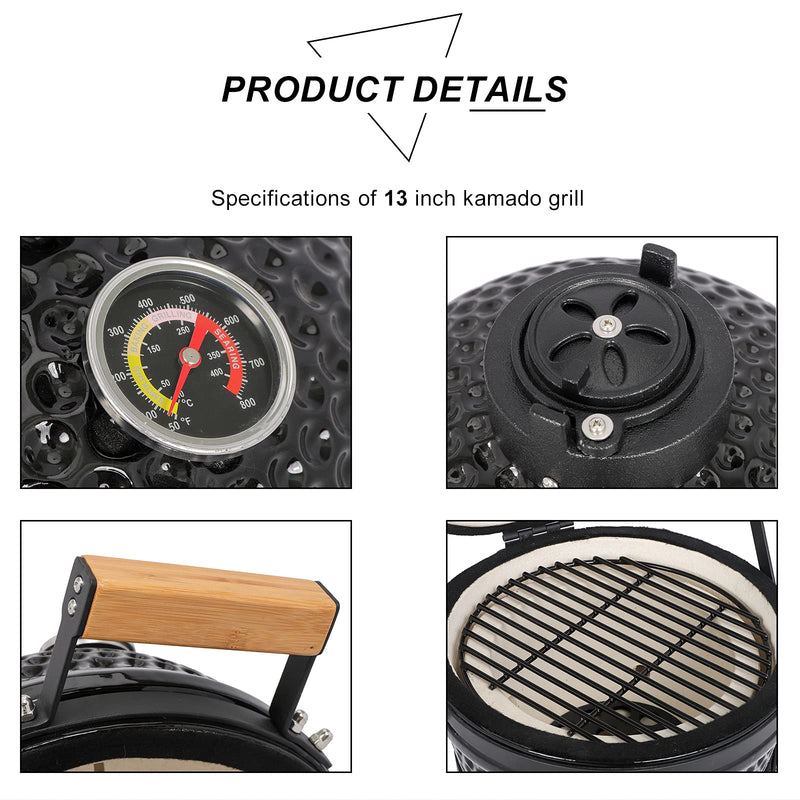 13 Inch Round Portable Ceramic Grill with Thermometer Black
