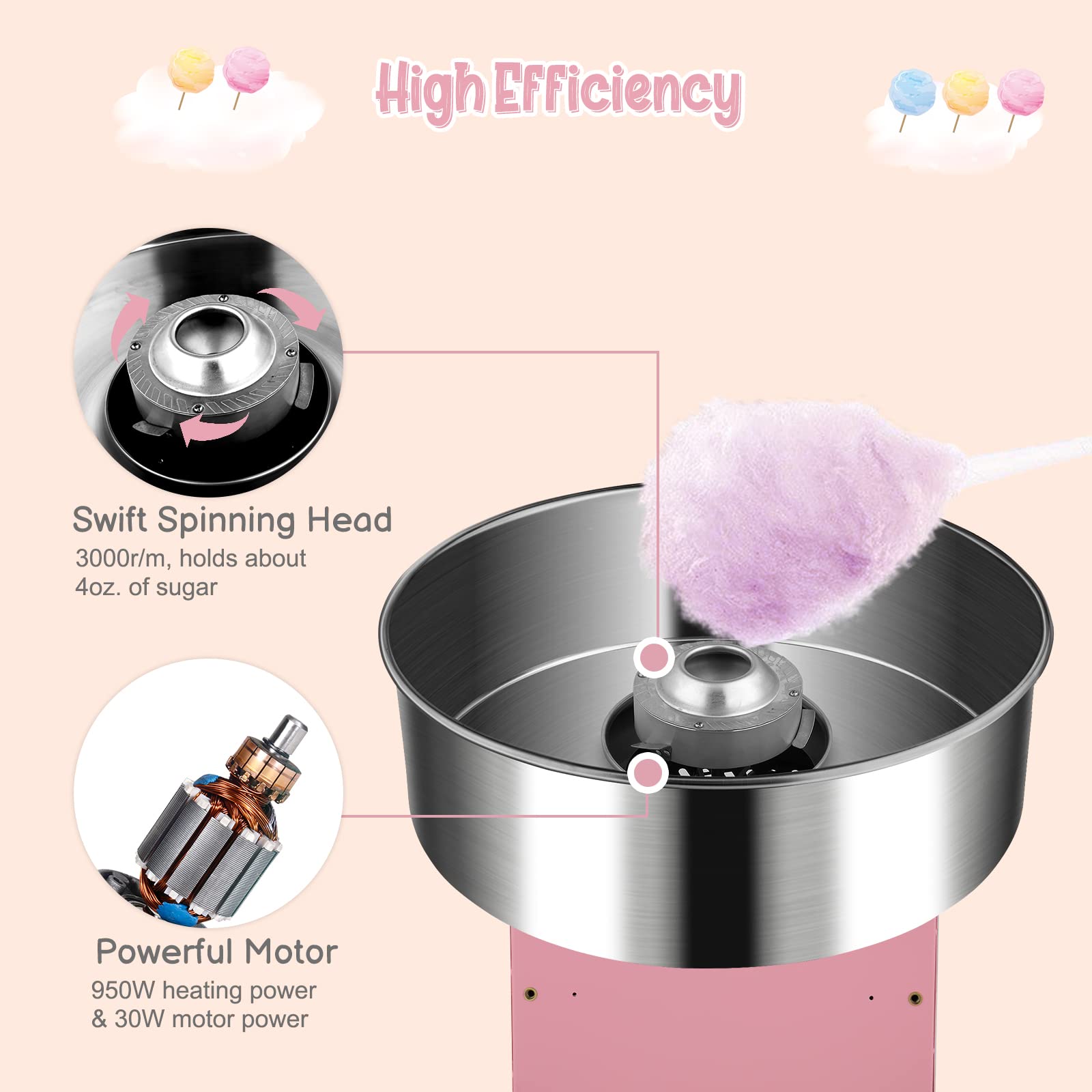 ROVSUN 21" 980W 110V Cotton Candy Machine with Bowl Pink