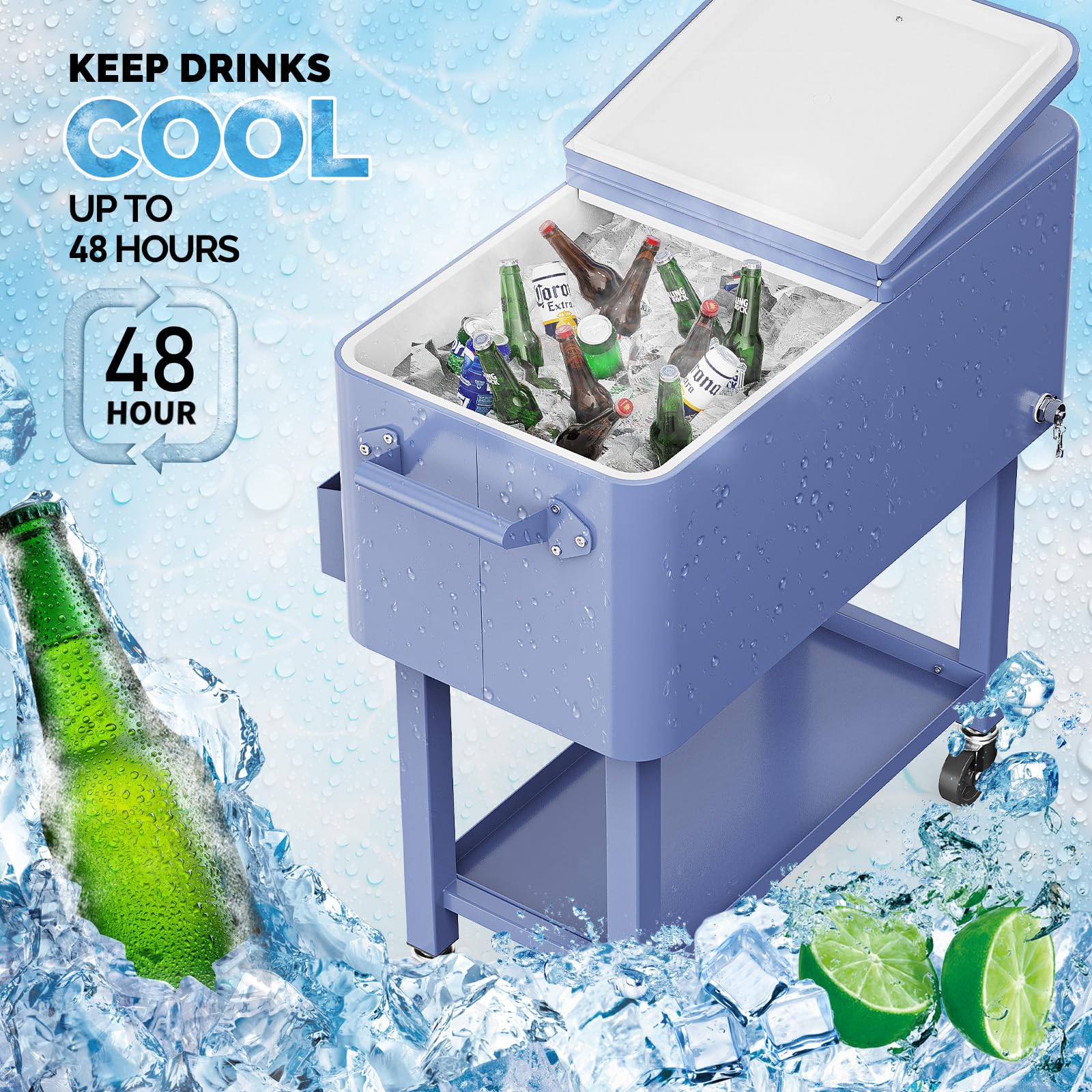 80 Quart Portable Outdoor Patio Rooling Cooler Cart Haze Blue