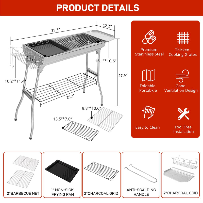 39 Inch Portable Stainless Steel Charcoal Grill Foldable