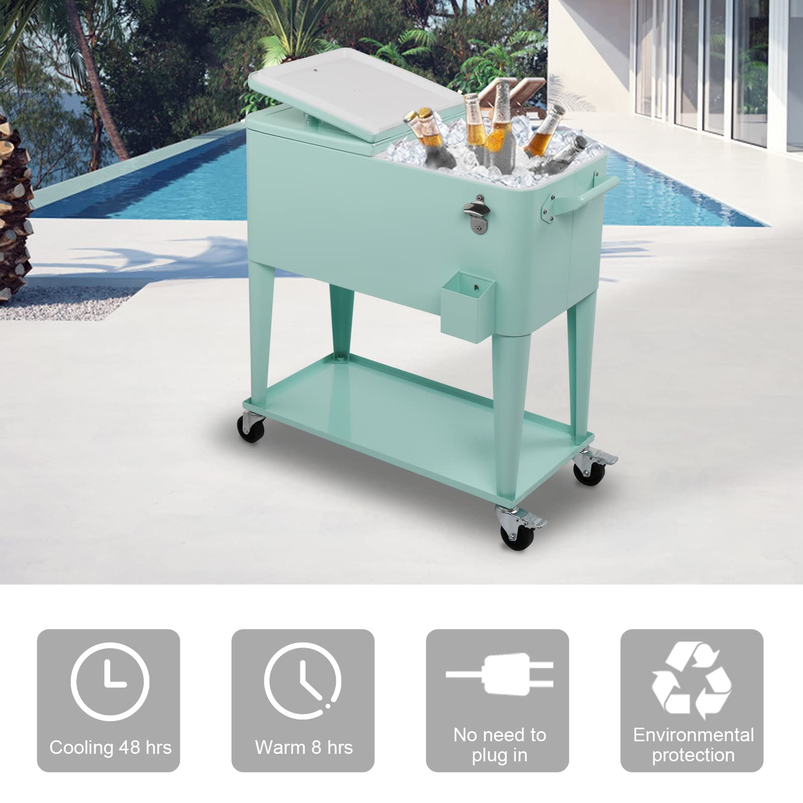 80 Quart Portable Outdoor Patio Rooling Cooler Cart Green