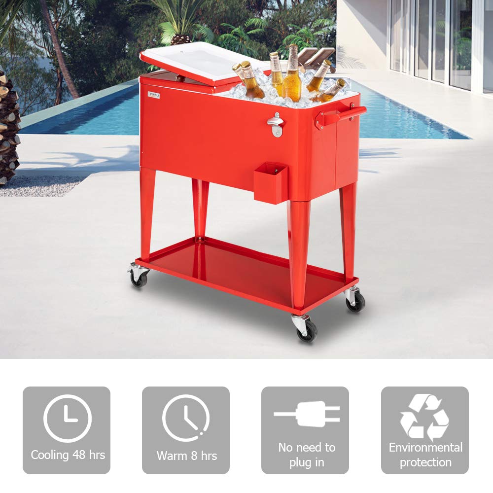 80 Quart Portable Outdoor Patio Rooling Cooler Cart Red