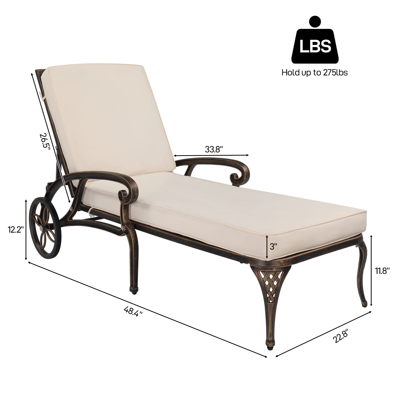 Cast Aluminum Outdoor Chaise Lounge Chair with Cushion Bronze