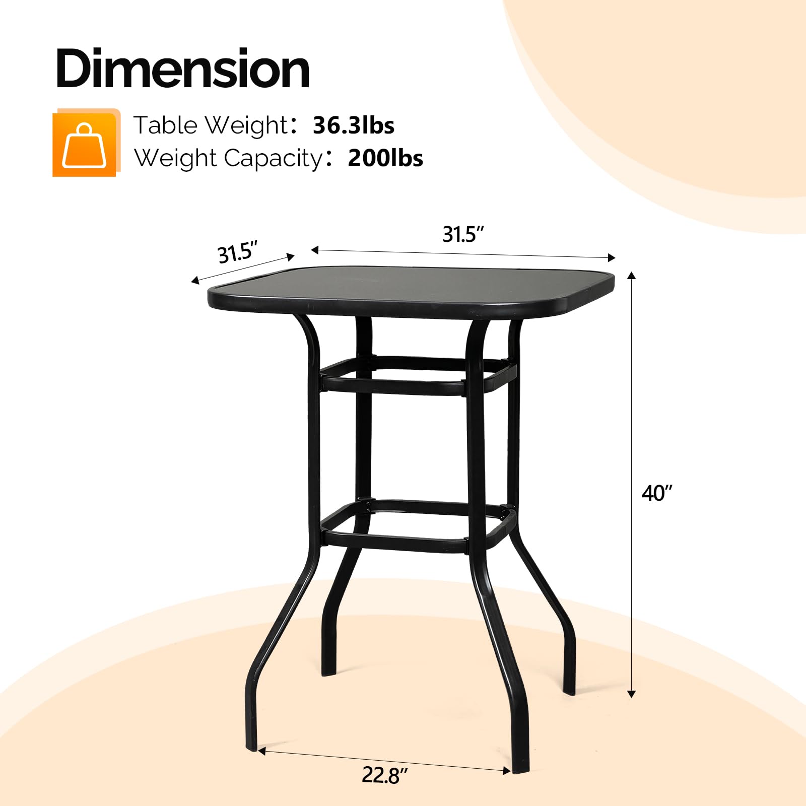 40 Inch Outdoor Patio Bar Height Table Black