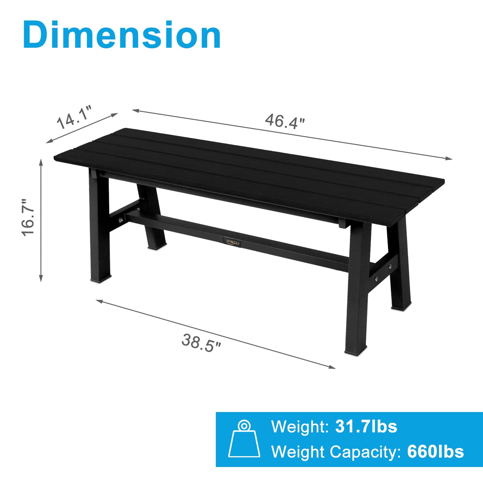 47 Inch HDPE Outdoor Bench with Metal Legs Black