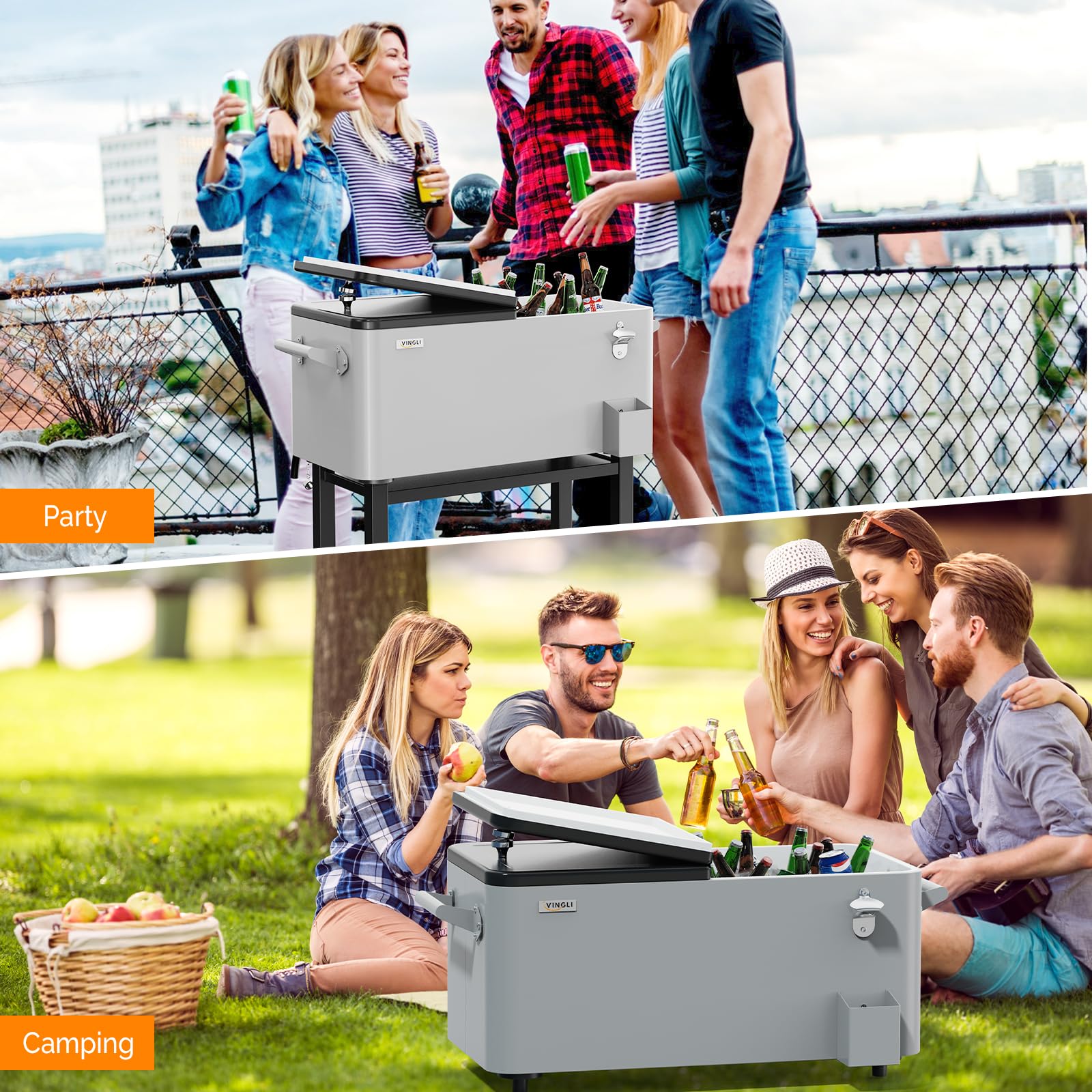 60 Quart Portable Patio Rooling Cooler Cart Detachable Grey