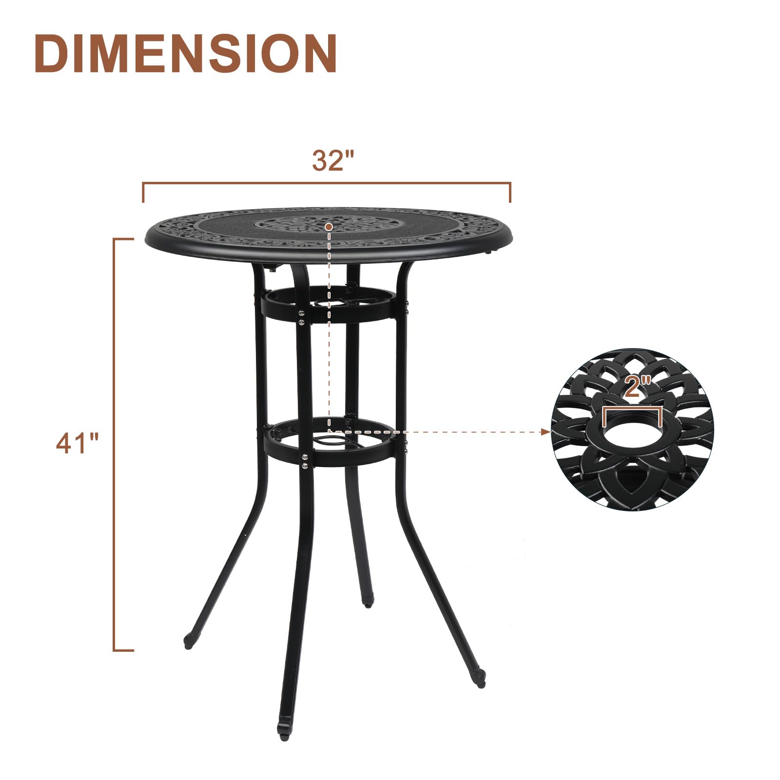 32 Inch Round Outdoor Bar Table with Umbrella Hole Black