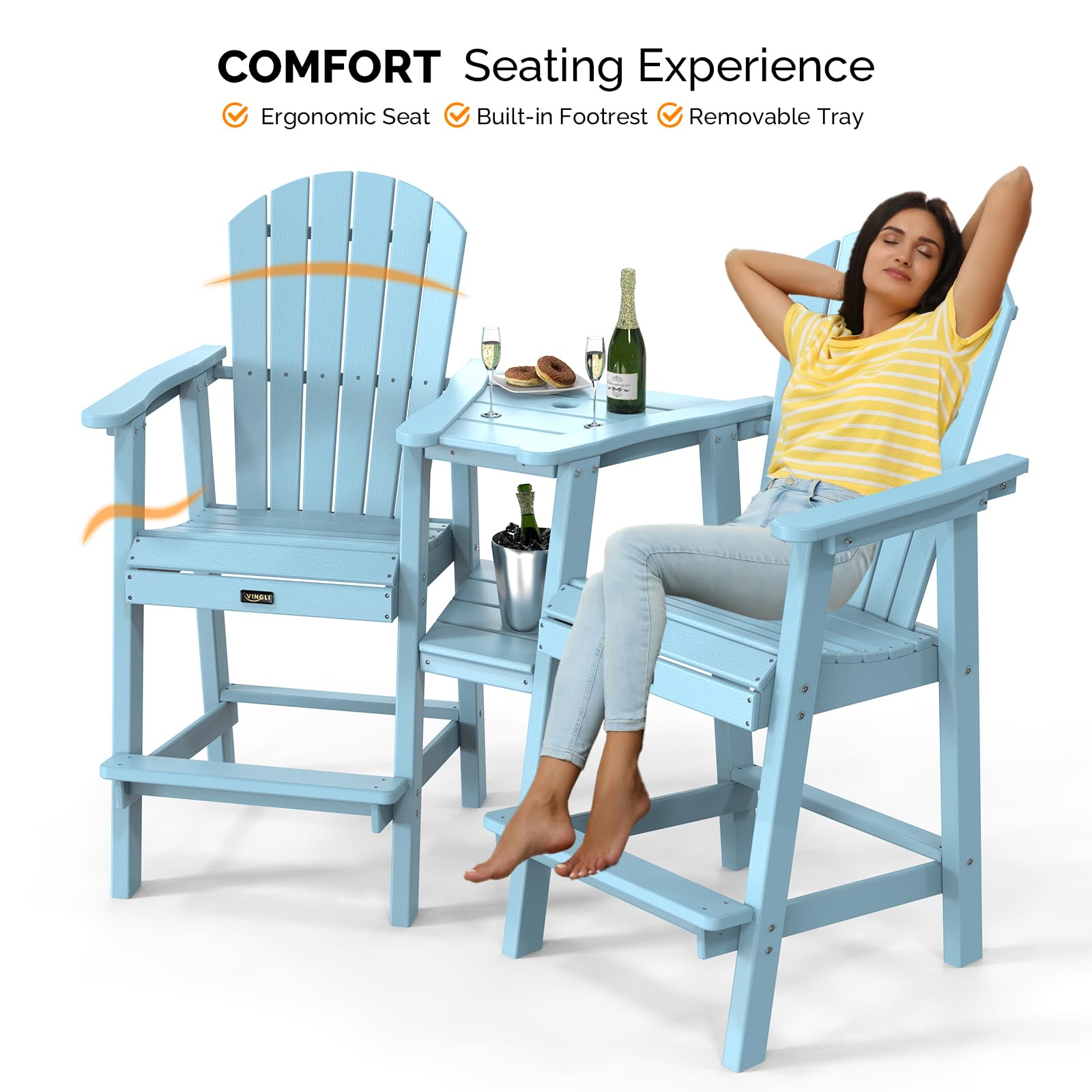 HDPE Adirondack Bar Stool Set with Detachable Tray Blue