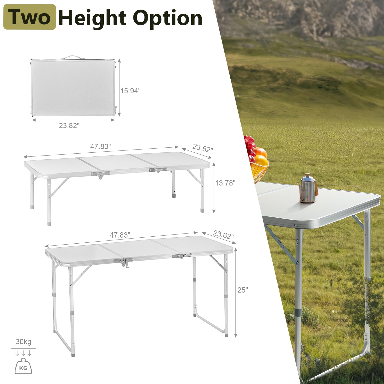 4FT White Folding Table with Carrying Handle White