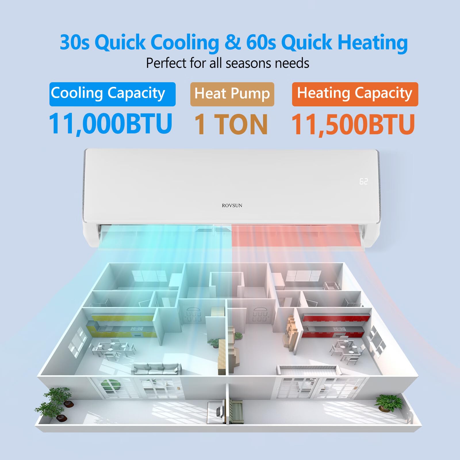 ROVSUN 11000 BTU 17 SEER2 230V Wifi Enabled Ductless Mini Split Air Conditioner with Heat Pump Inverter & Install Kit