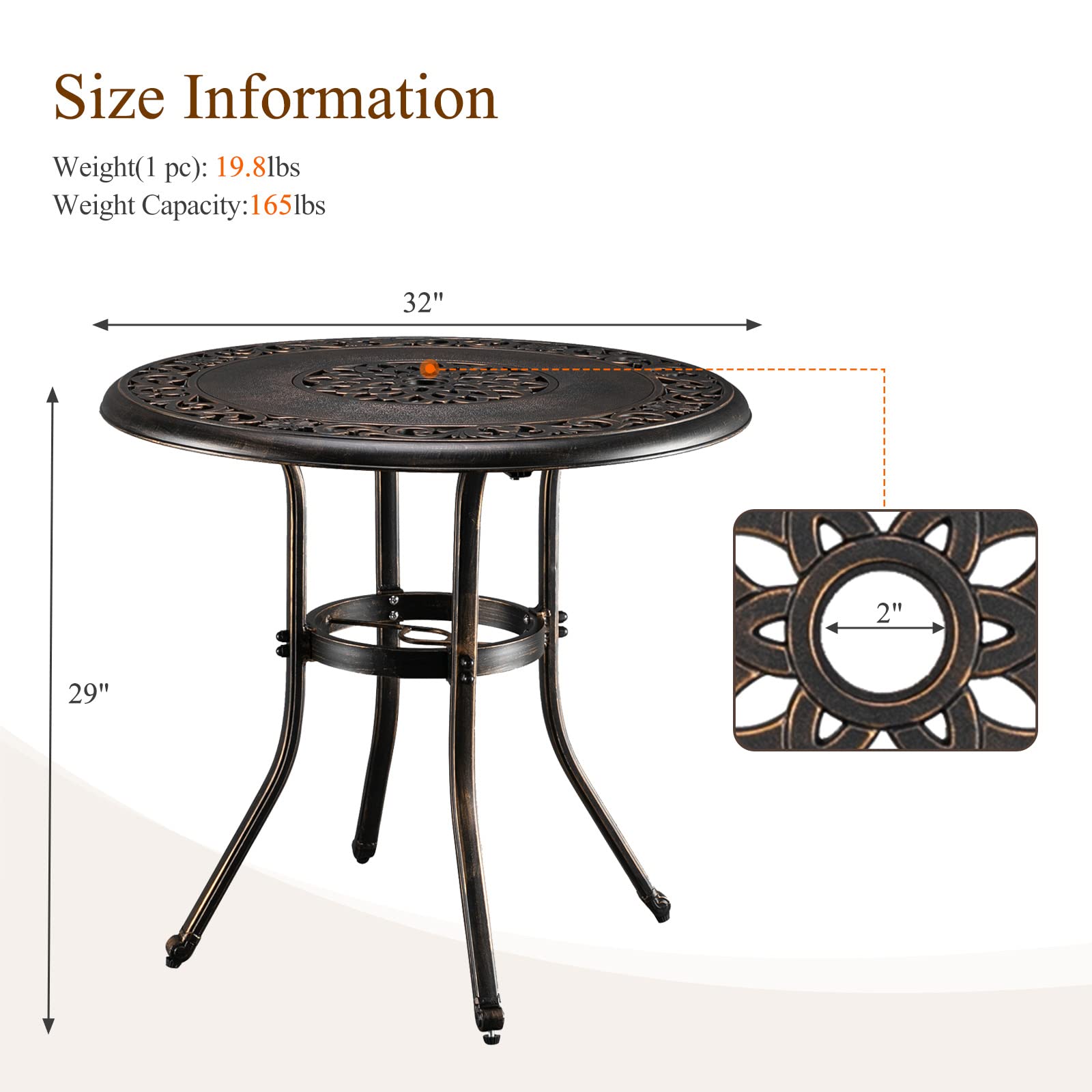 32 Inch Round Outdoor Dining Table with Umbrella Hole Bronze