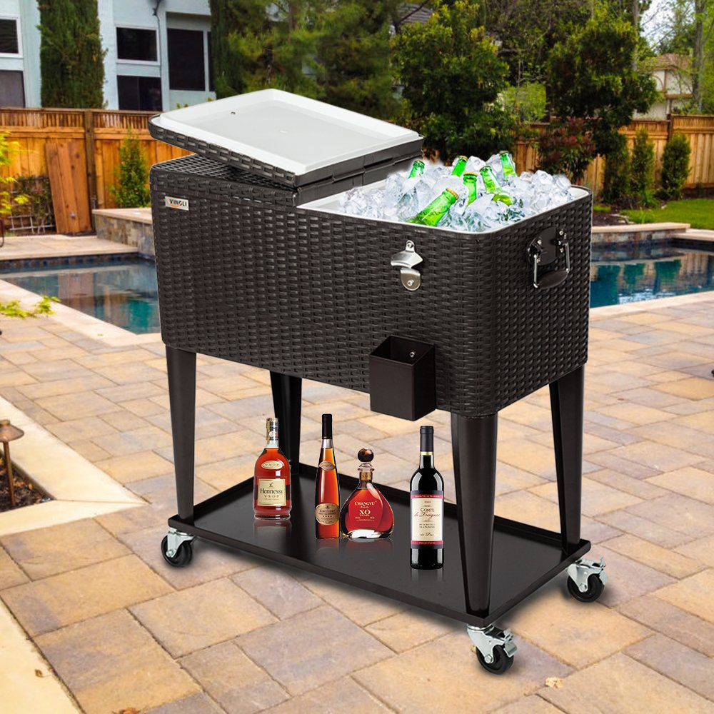 80 Quart Portable Outdoor Patio Rooling Cooler Cart Black Brown