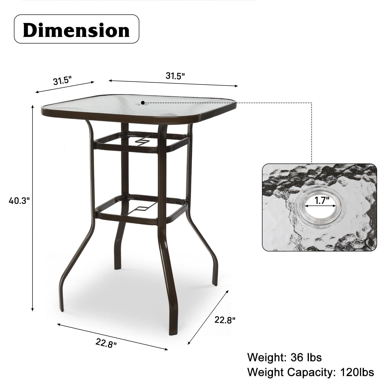 40 Inch Outdoor Bar Table with Umbrella Hole Brown