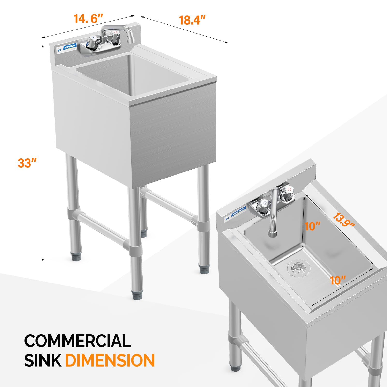 ROVSUN 15” 1 Bowl Underbar Hand Sink with Faucet