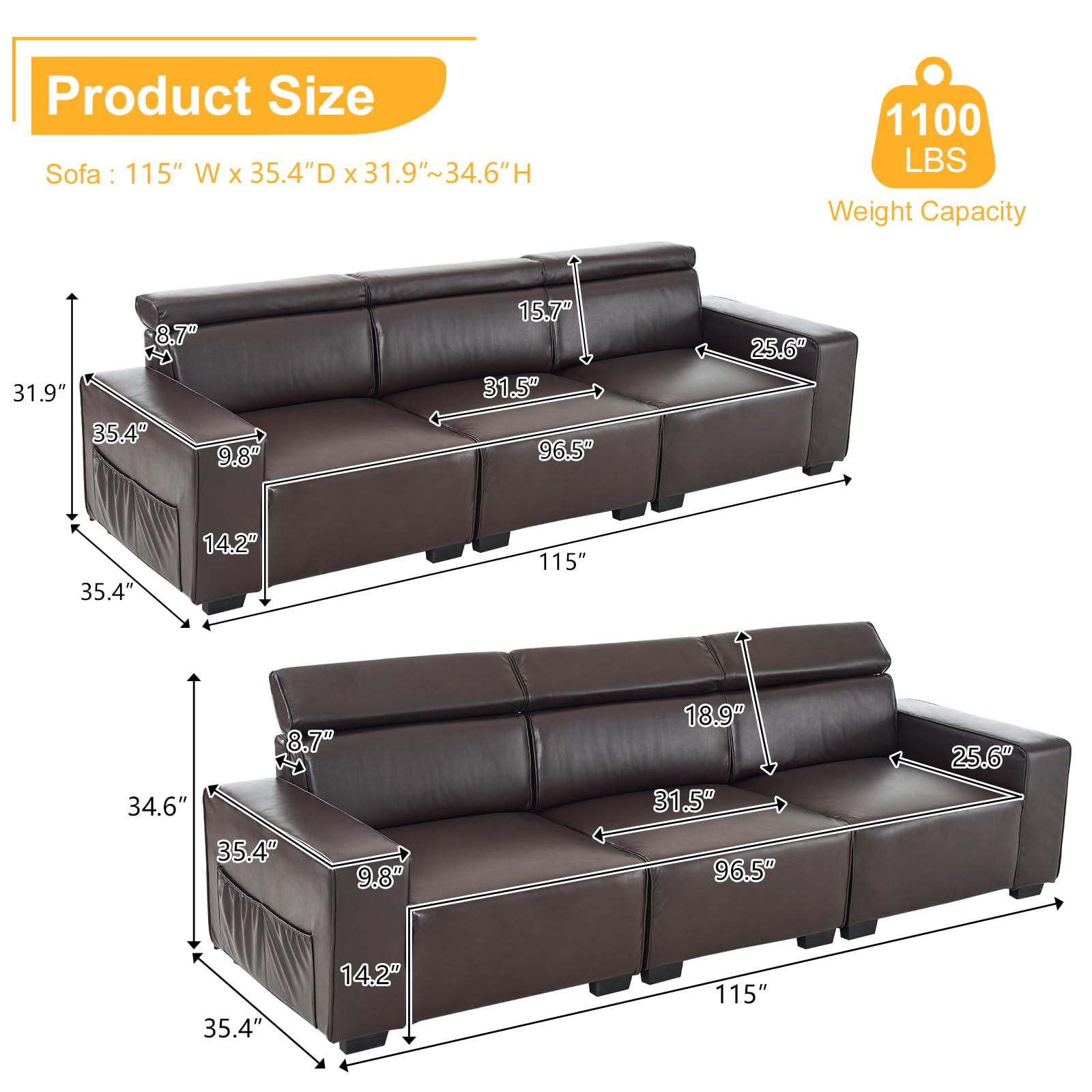 115 Inch 3 Seater Waiting Sofa with Adjustable Headrest PU Leather Brown