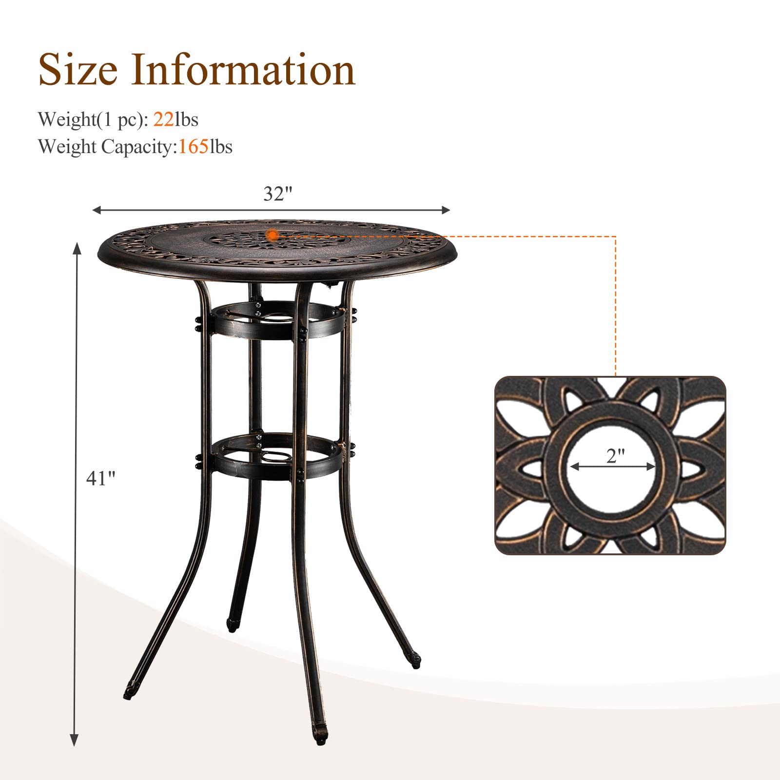 32 Inch Round Outdoor Bar Table with Umbrella Hole Bronze