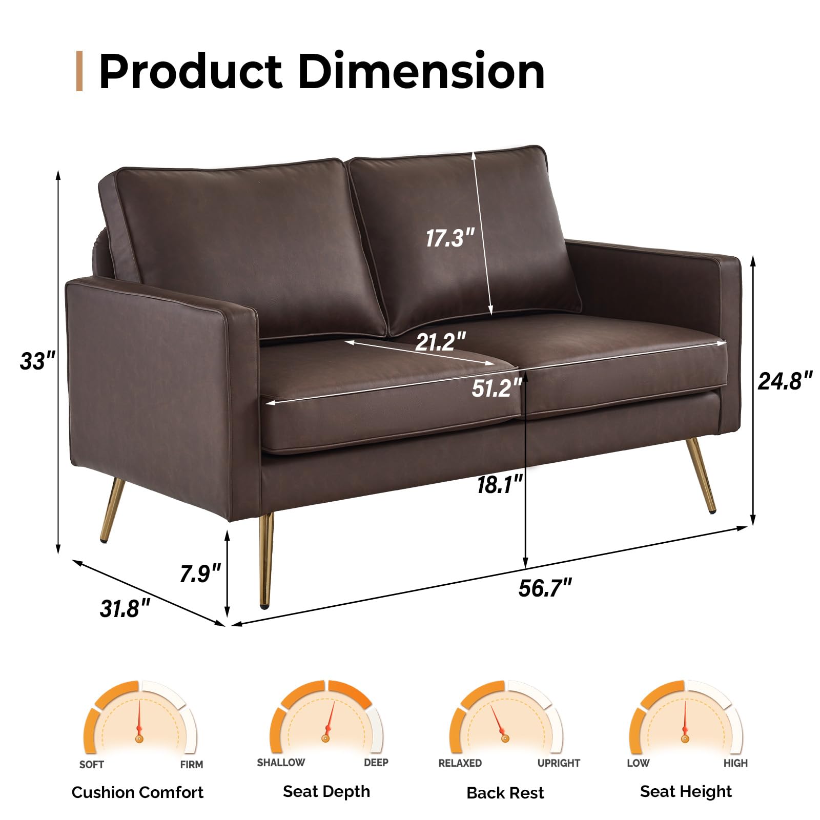 56 Inch 2 Seater Waiting Sofa with Deep Seat PU Leather Dark Brown