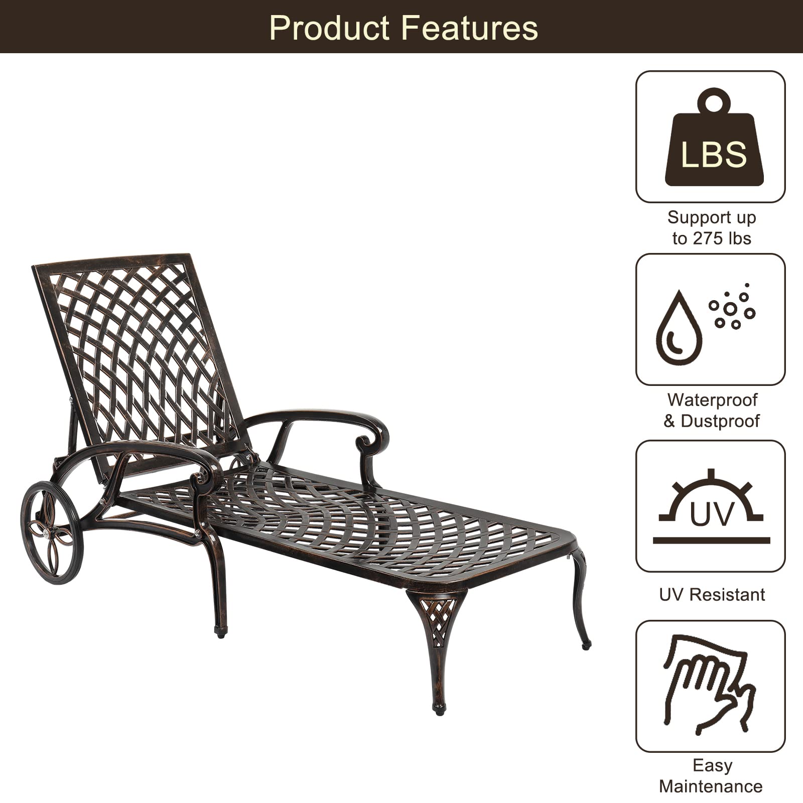 Cast Aluminum Outdoor Chaise Lounge Chair Bronze