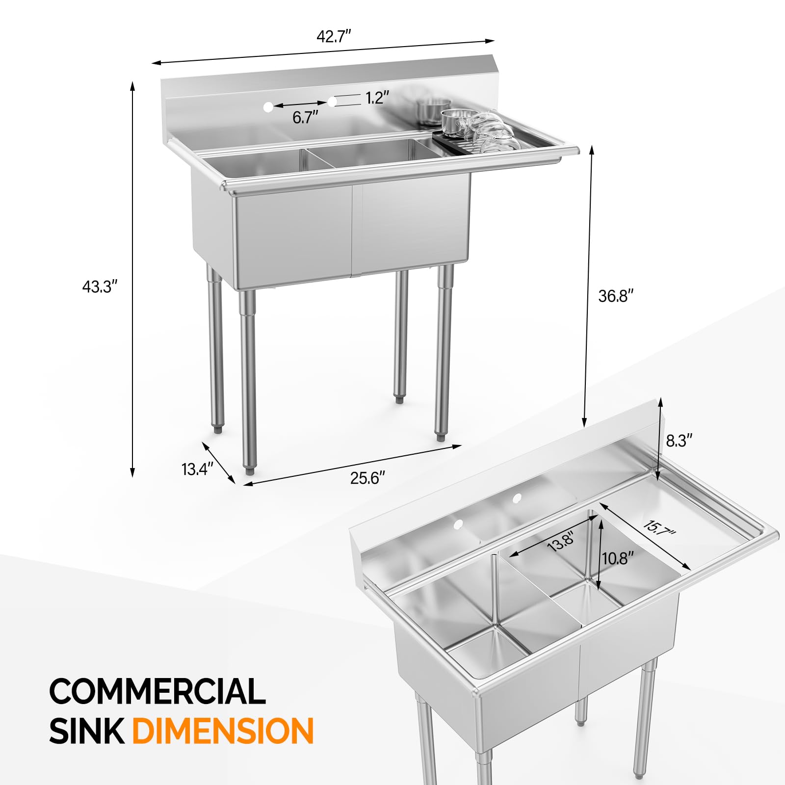 ROVSUN 43" 2 Compartment 304 Stainless Steel Sink with Right Side Drainboard