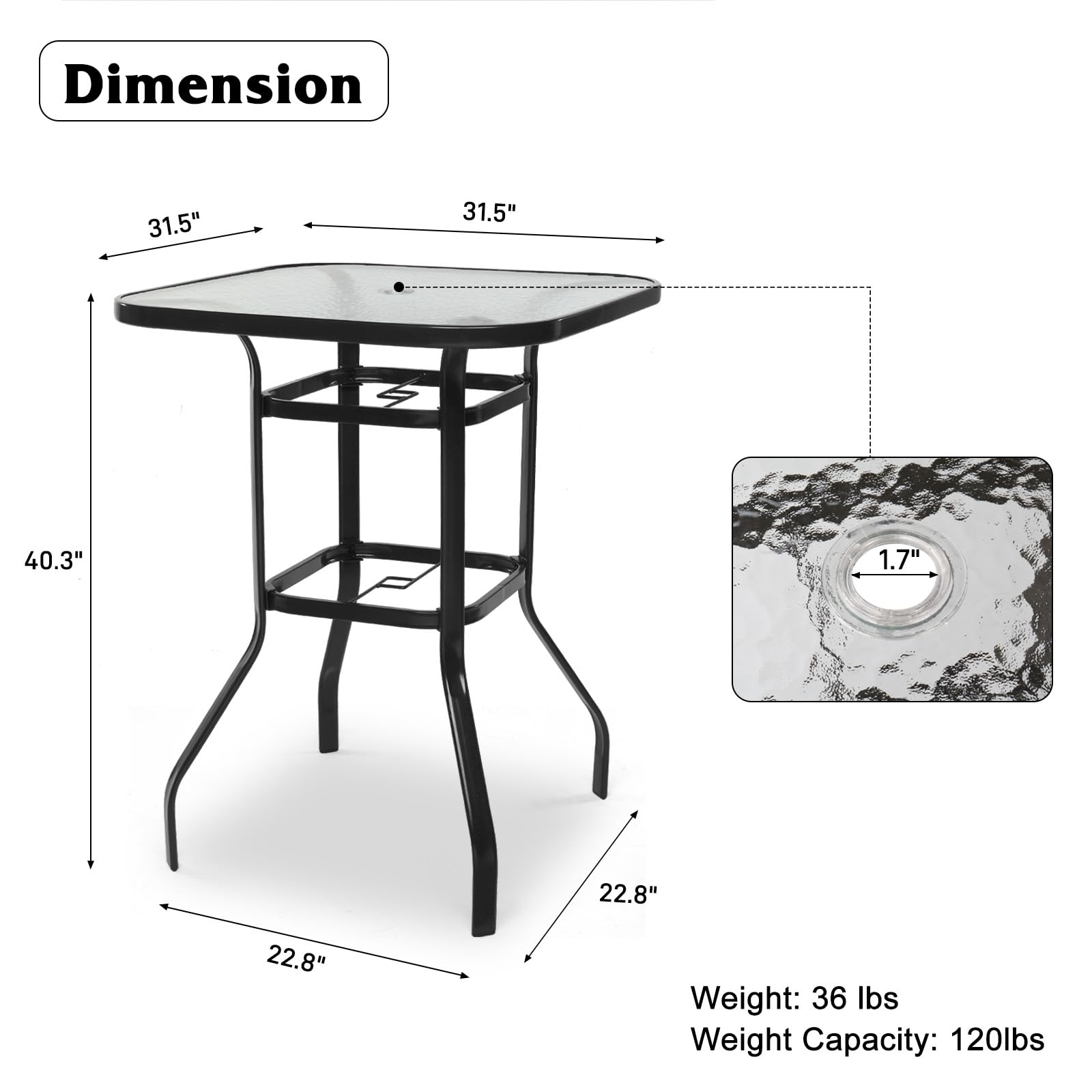 40 Inch Outdoor Bar Table with Umbrella Hole Blcak