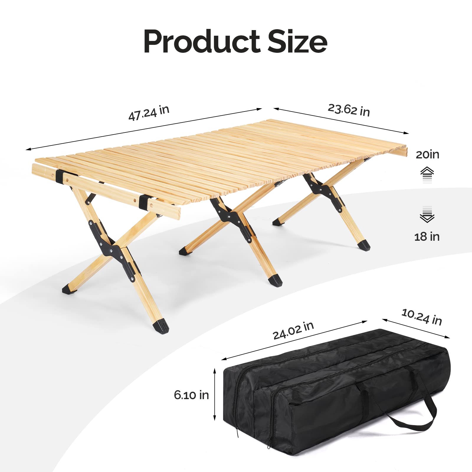 4 FT Wooden Portable Rolling Table with Bag Natural Wood