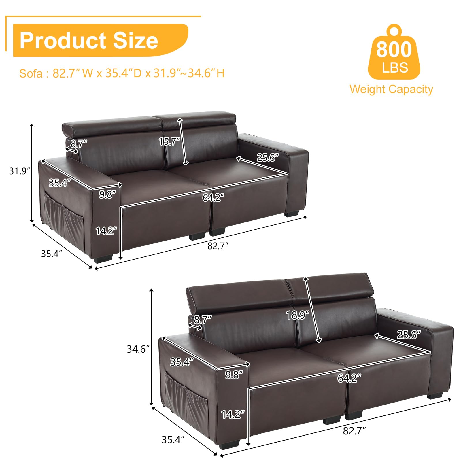 83 Inch 2 Seater Waiting Sofa with Adjustable Headrest PU Leather Brown