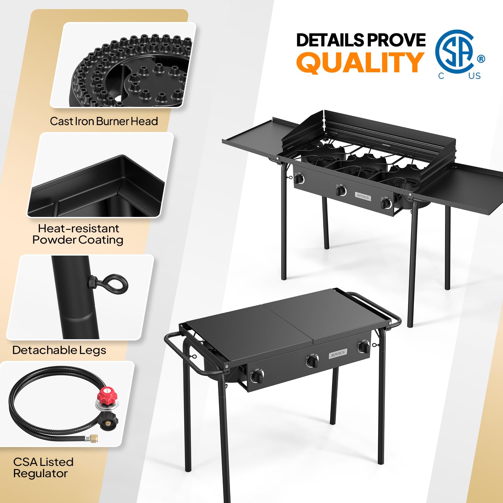 ROVSUN 3 Burner 225,000 BTU Outdoor Gas Propane Stove with Windpanel & Side Shelves & Carrying Bag