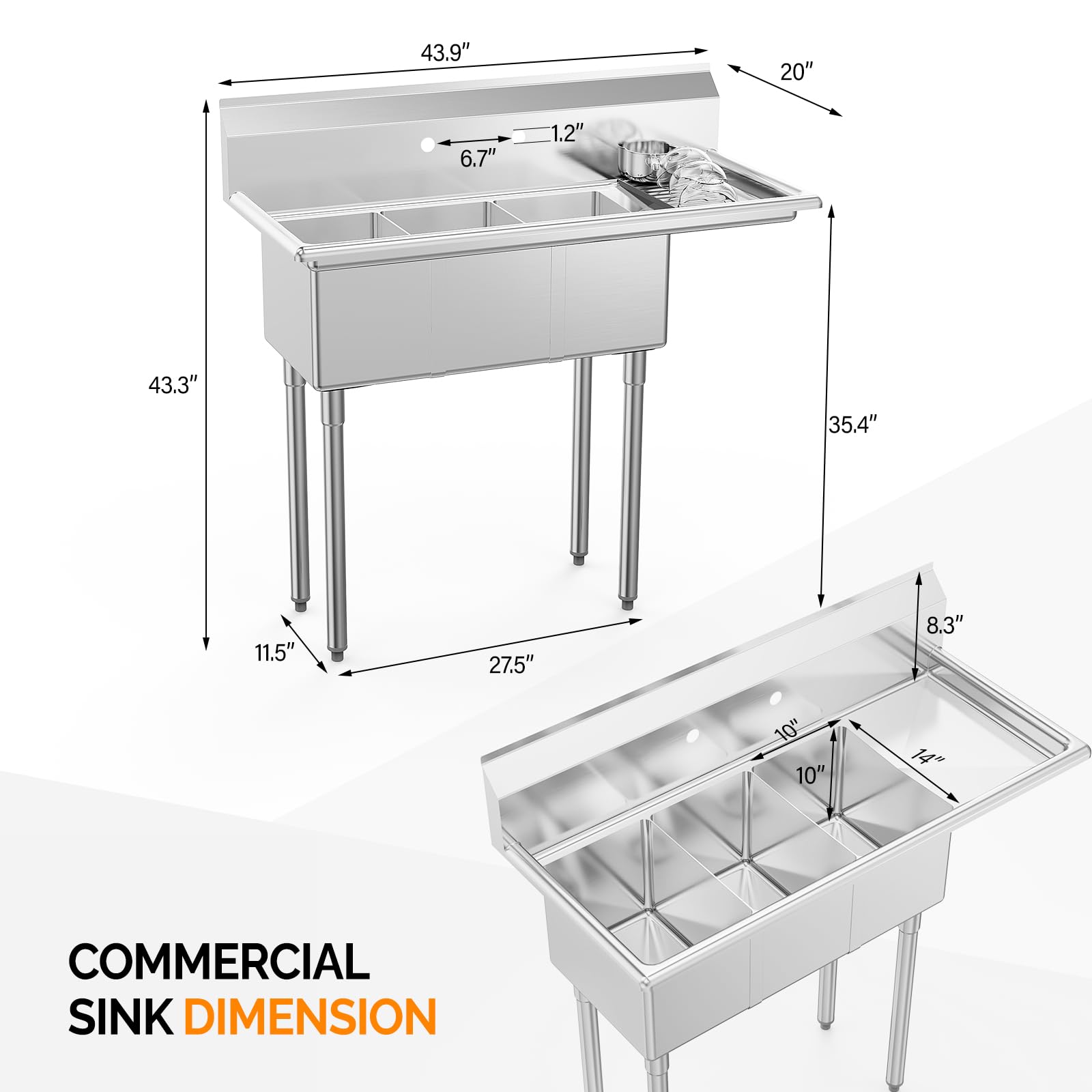 ROVSUN 3 Compartment 304 Stainless Steel Sink with Right Side Drainboard