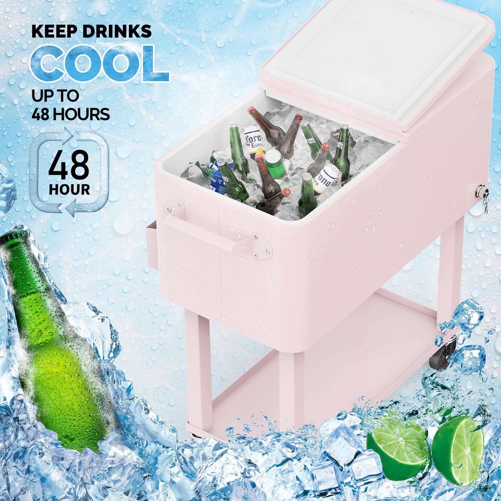 80 Quart Portable Outdoor Patio Rooling Cooler Cart Pink