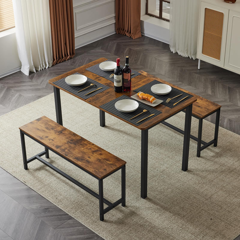 3 Piece Dining Table Set Expandable & Foldable Table with 2 Benches Black Brown