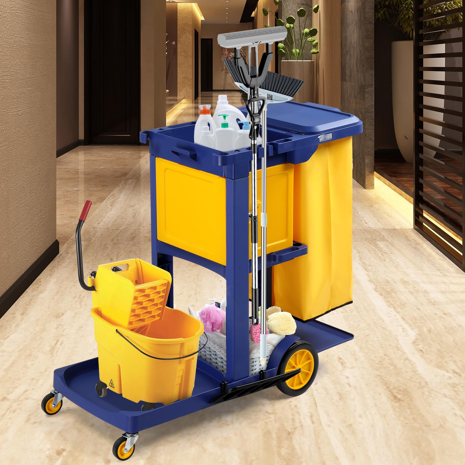 3-Tier 500 LBS Capacity Janitorial Cart with Locker & 15 Gallon Bag Blue