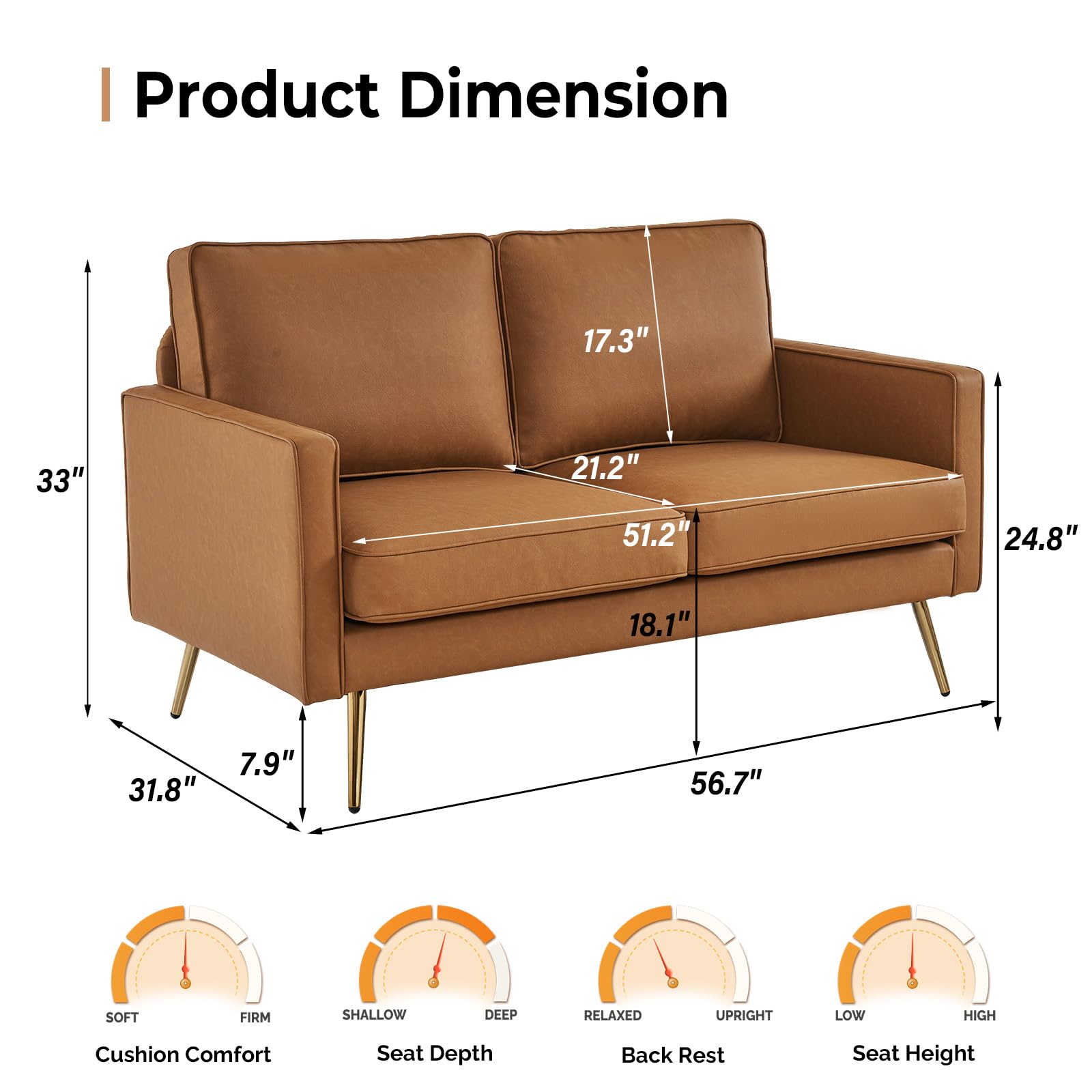 56 Inch 2 Seater Waiting Sofa with Deep Seat PU Leather Cognac