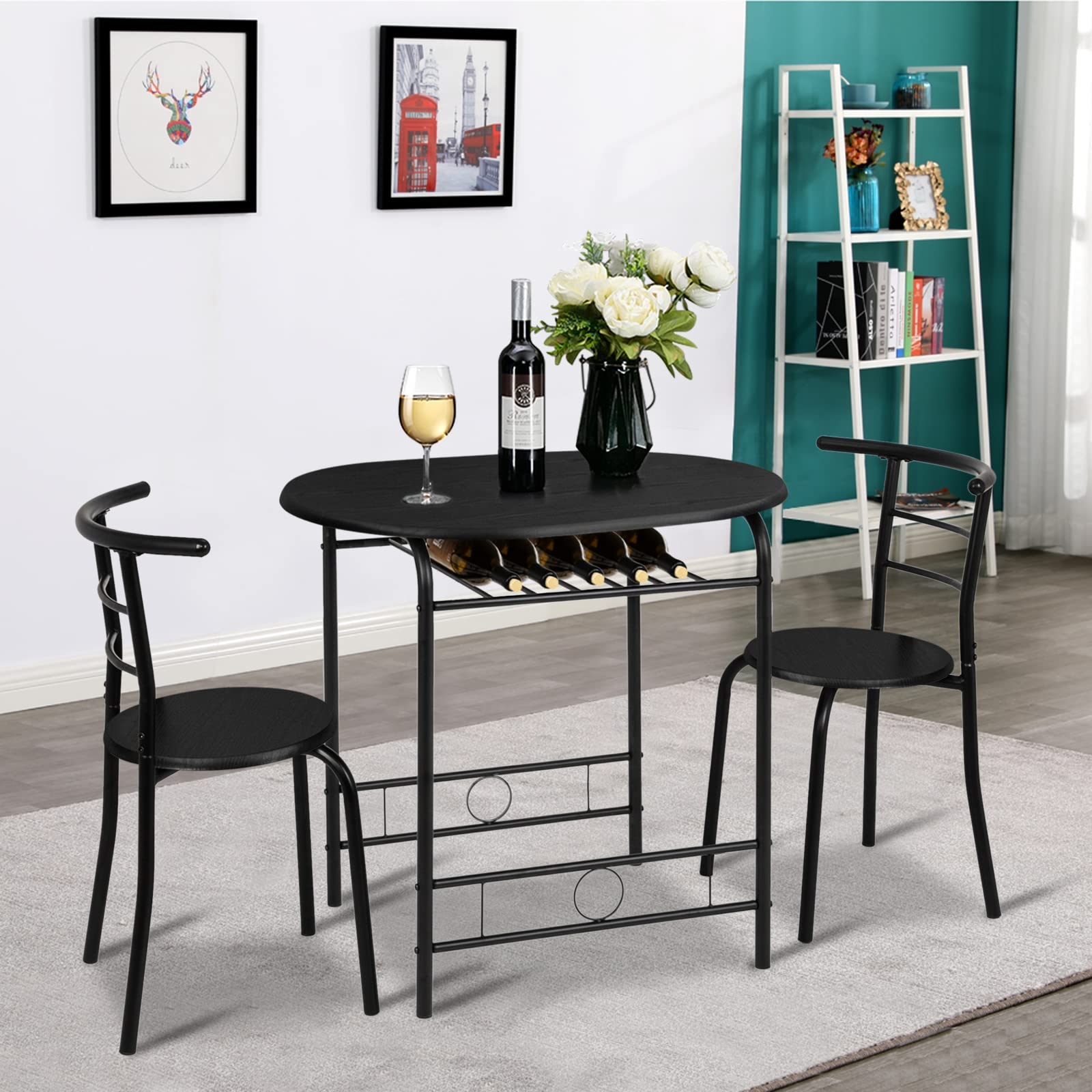 3 Piece Dining Set Wooden Table and 2 Chairs Black