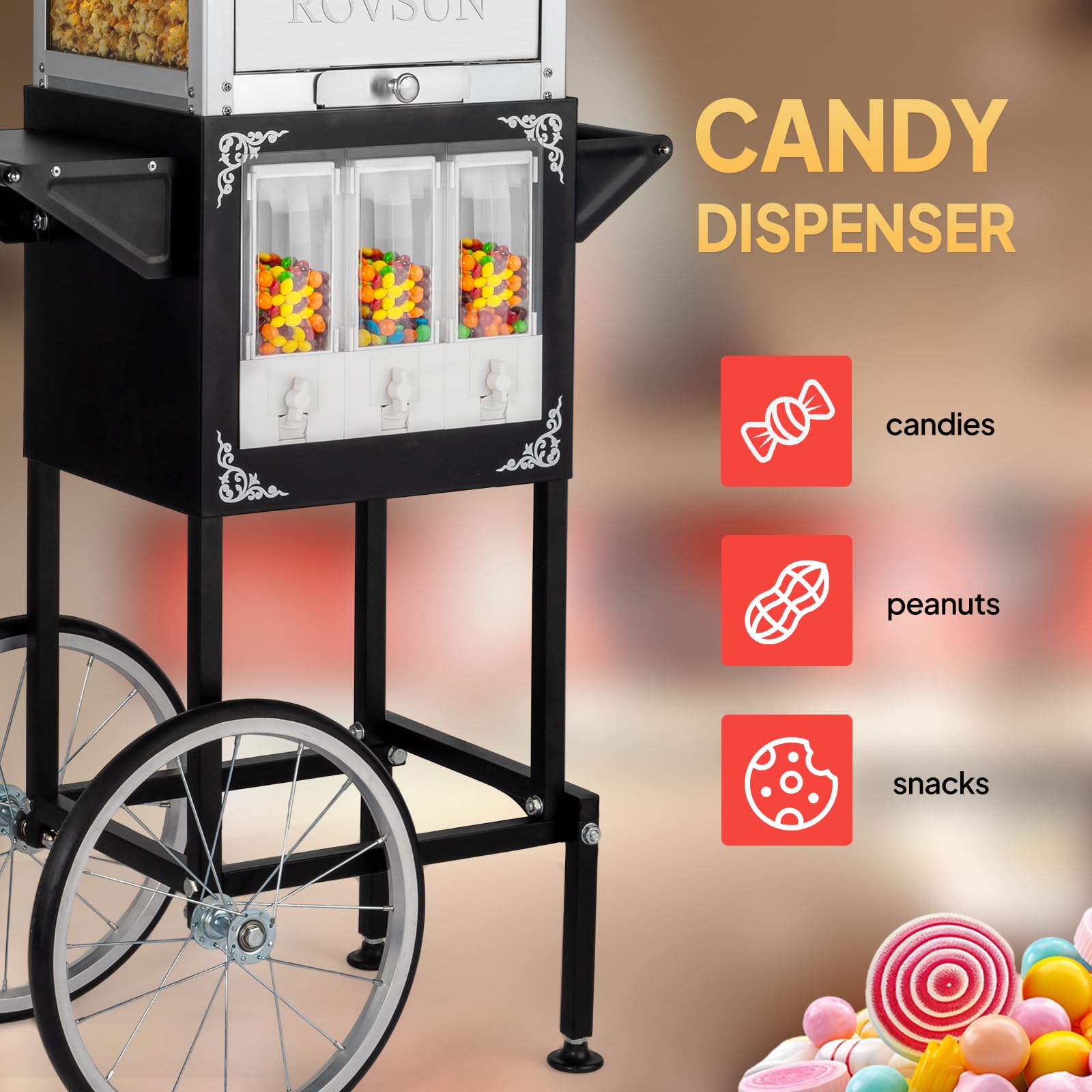 ROVSUN 8 oz. Kettle 800W 120V Popcorn Machine Maker Cart with Candy Dispenser Black