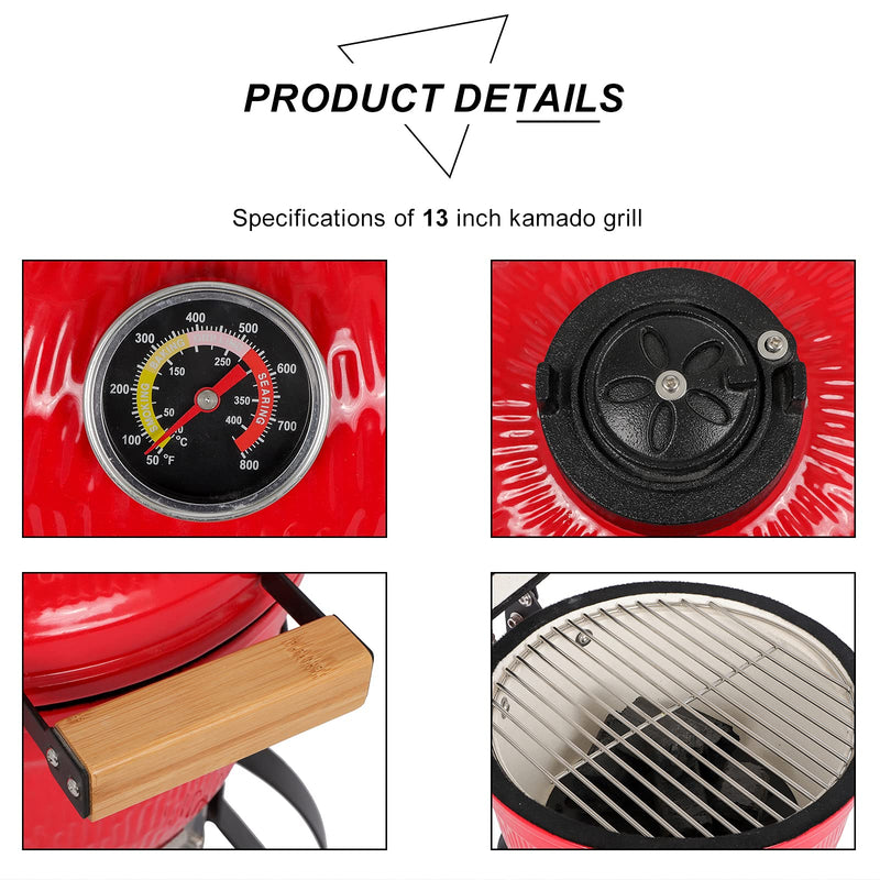 13 Inch Round Portable Ceramic Grill with Thermometer Red