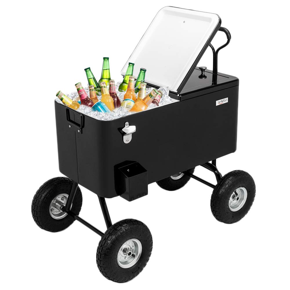 80 Quart Wagon Rolling Cooler Ice Chest with 10" Wheels Black