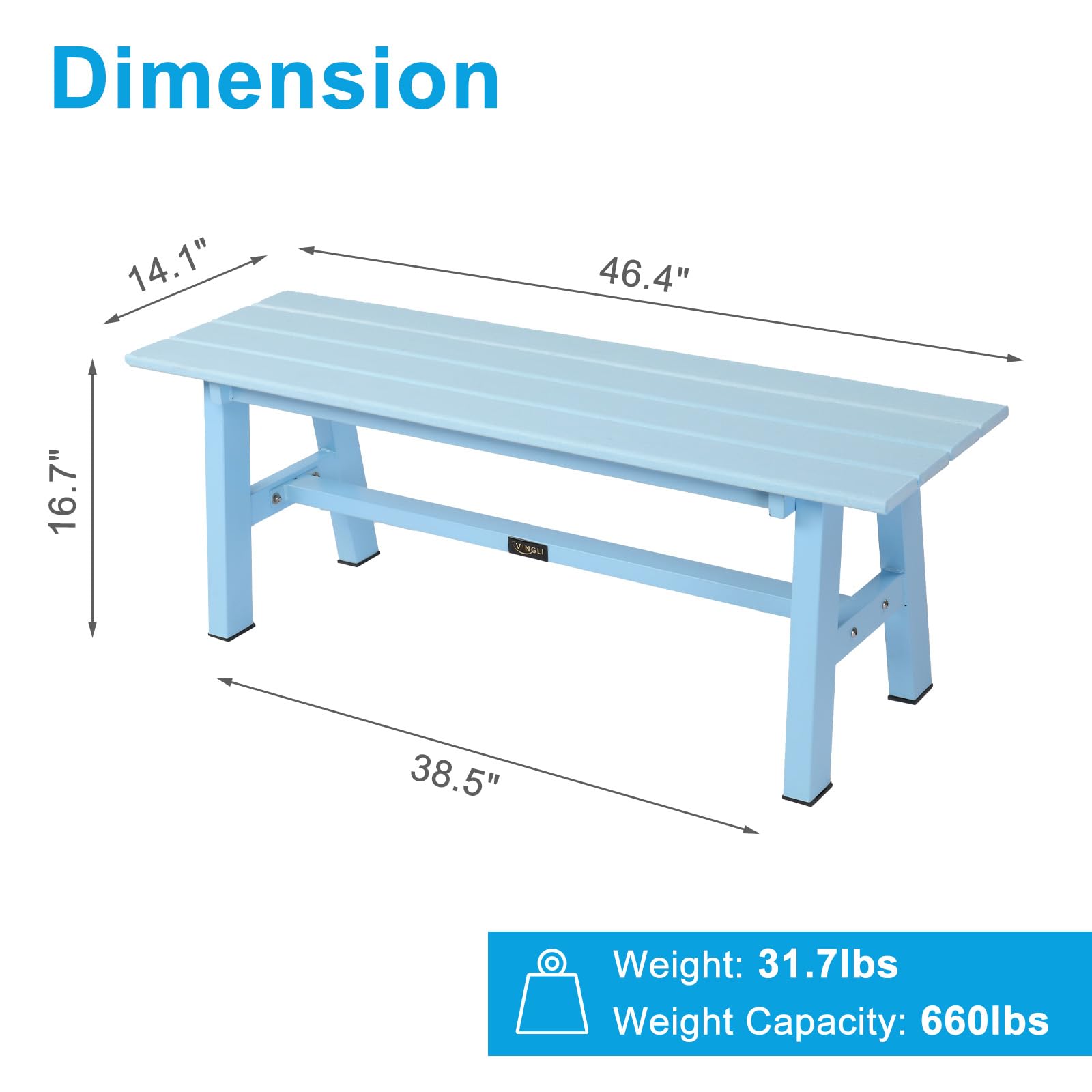 47 Inch HDPE Outdoor Bench with Metal Legs Blue