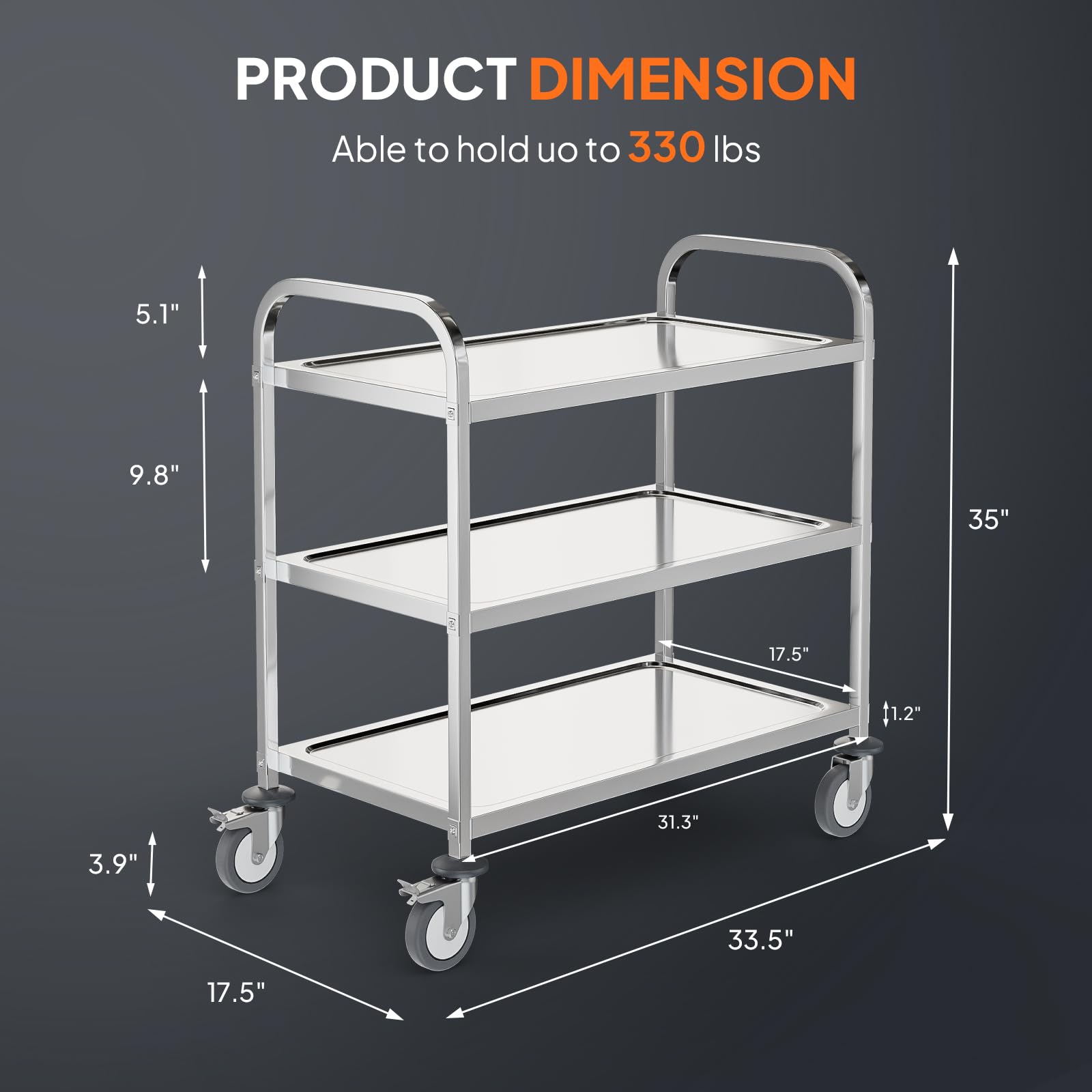 3-Tier Medium 330lbs Capacity Stainless Steel Utility Cart with Wheels