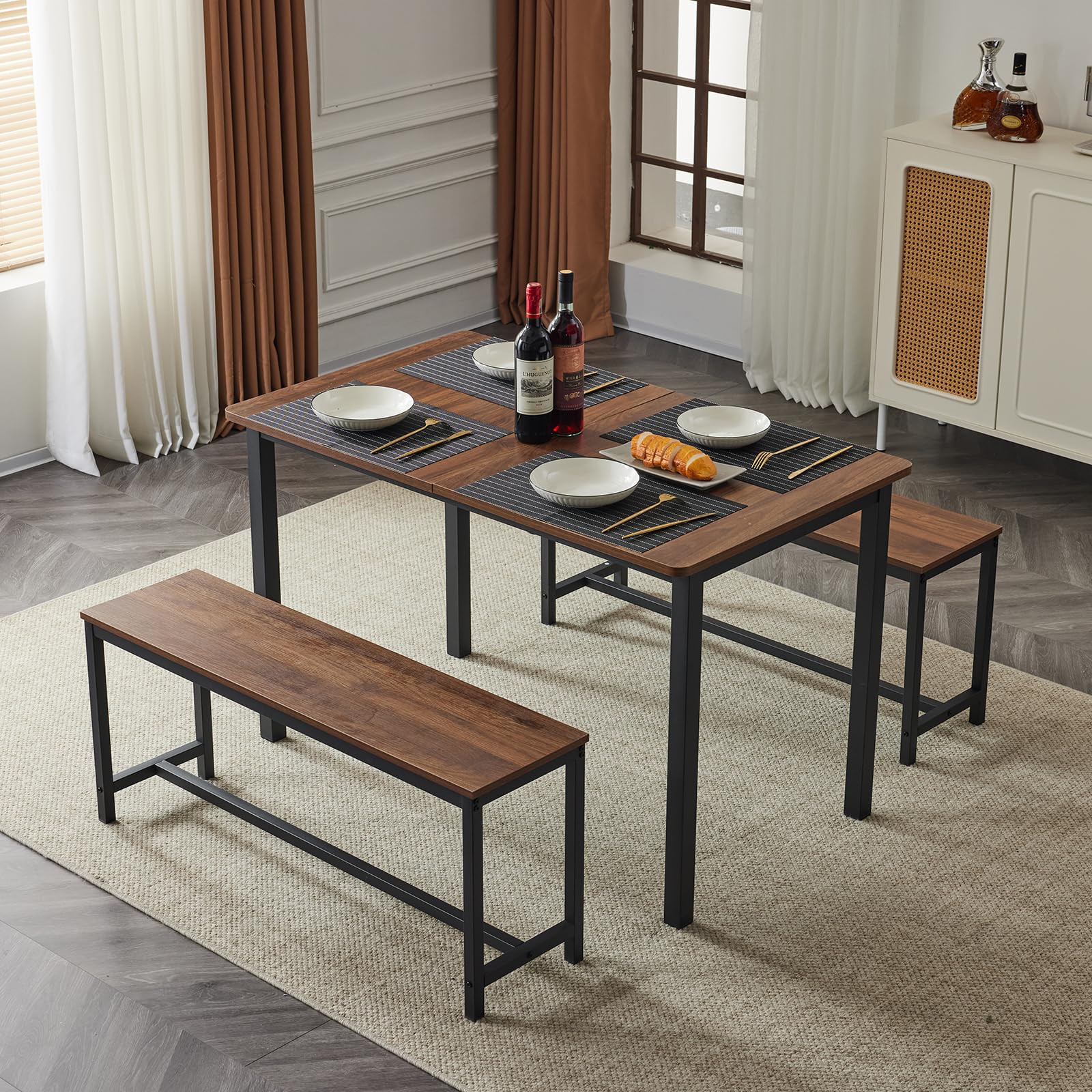 3 Piece Dining Table Set Expandable & Foldable Table with 2 Benches Walnut