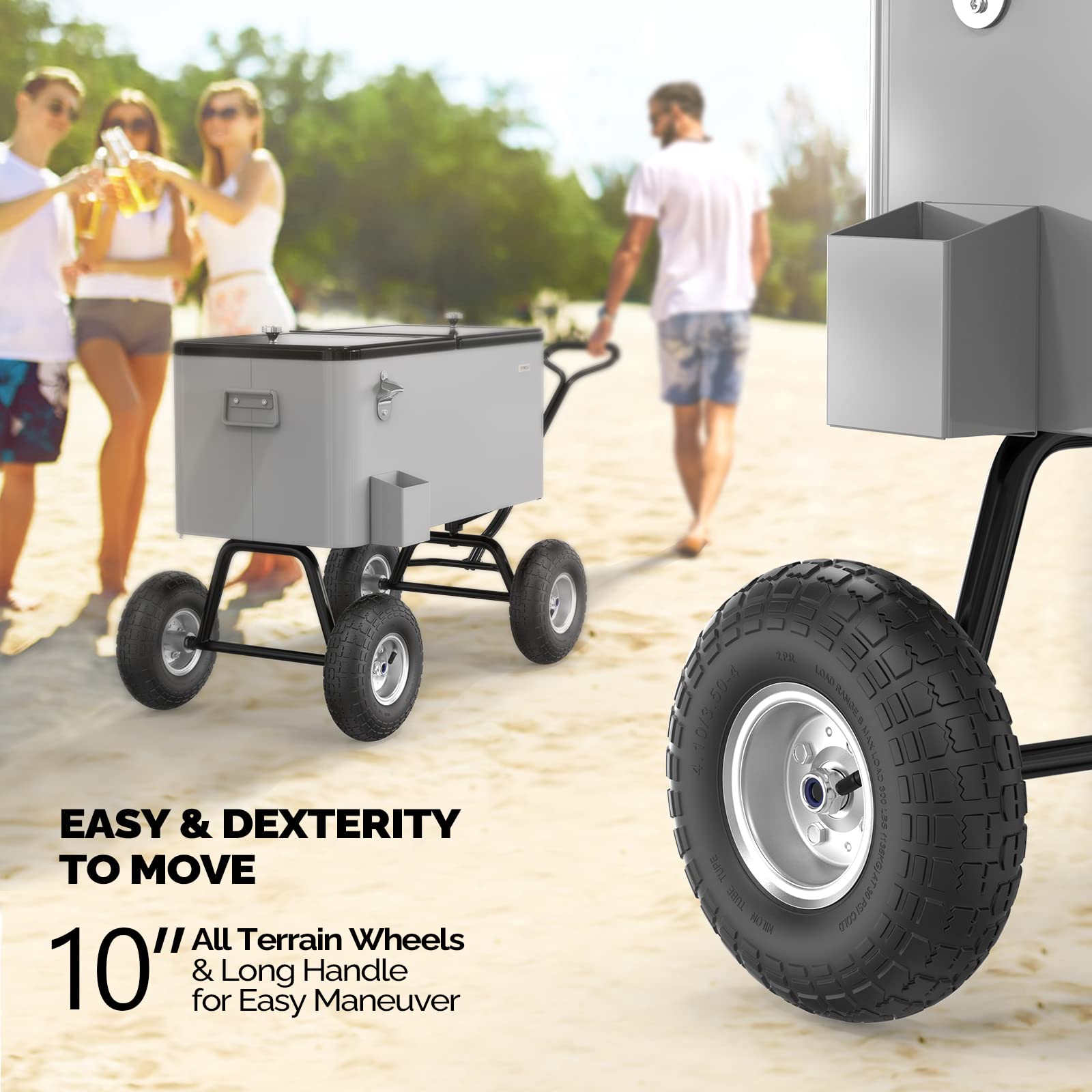 80 Quart Wagon Rolling Cooler Ice Chest with 10" Wheels Grey