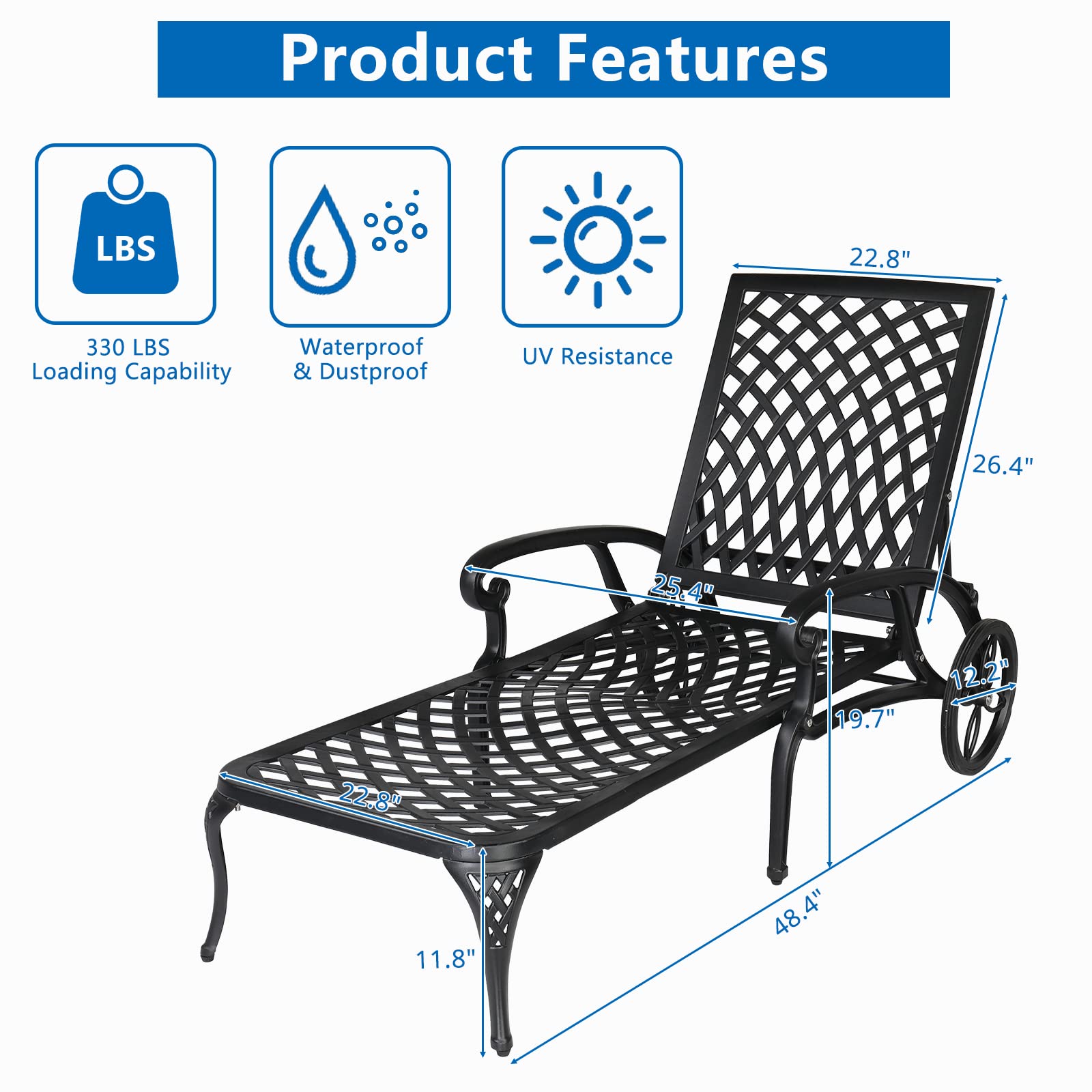 Cast Aluminum Outdoor Chaise Lounge Chair Black