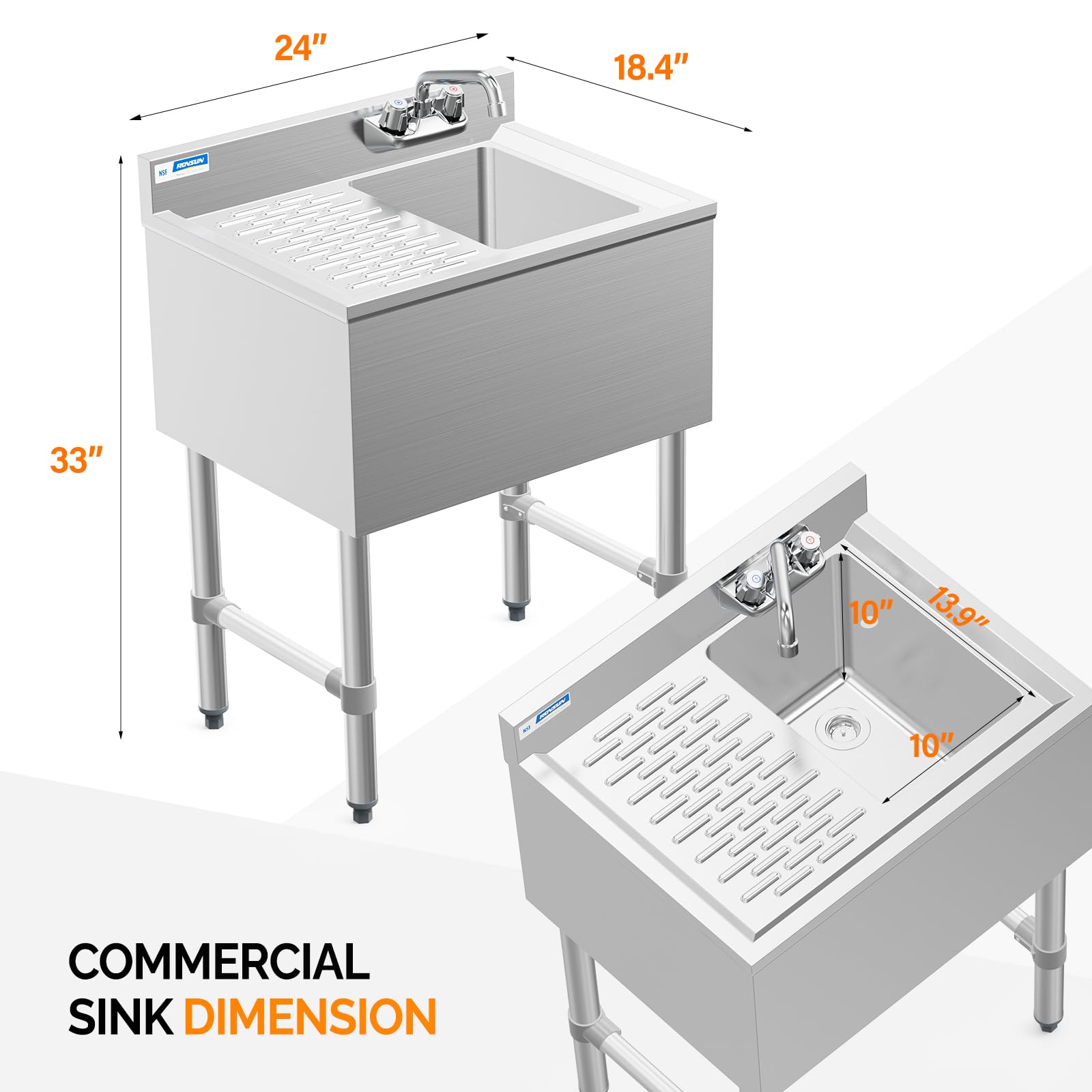 ROVSUN 24" 1 Bowl Underbar Hand Sink with Faucet & Left Drainboard