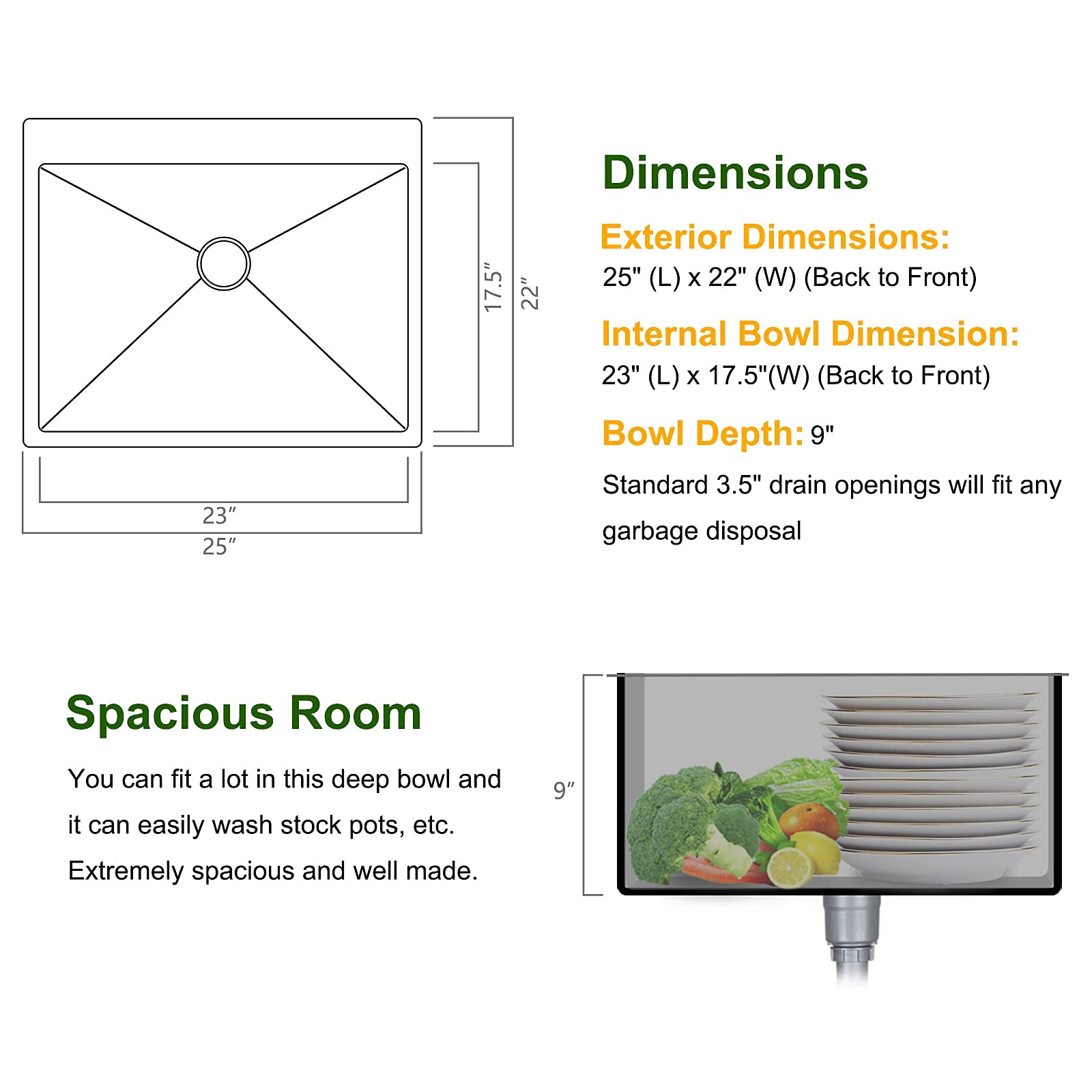 ROVSUN 22" X 25" Drop-in 304 Stainless Steel Sink Kitchen with Protector