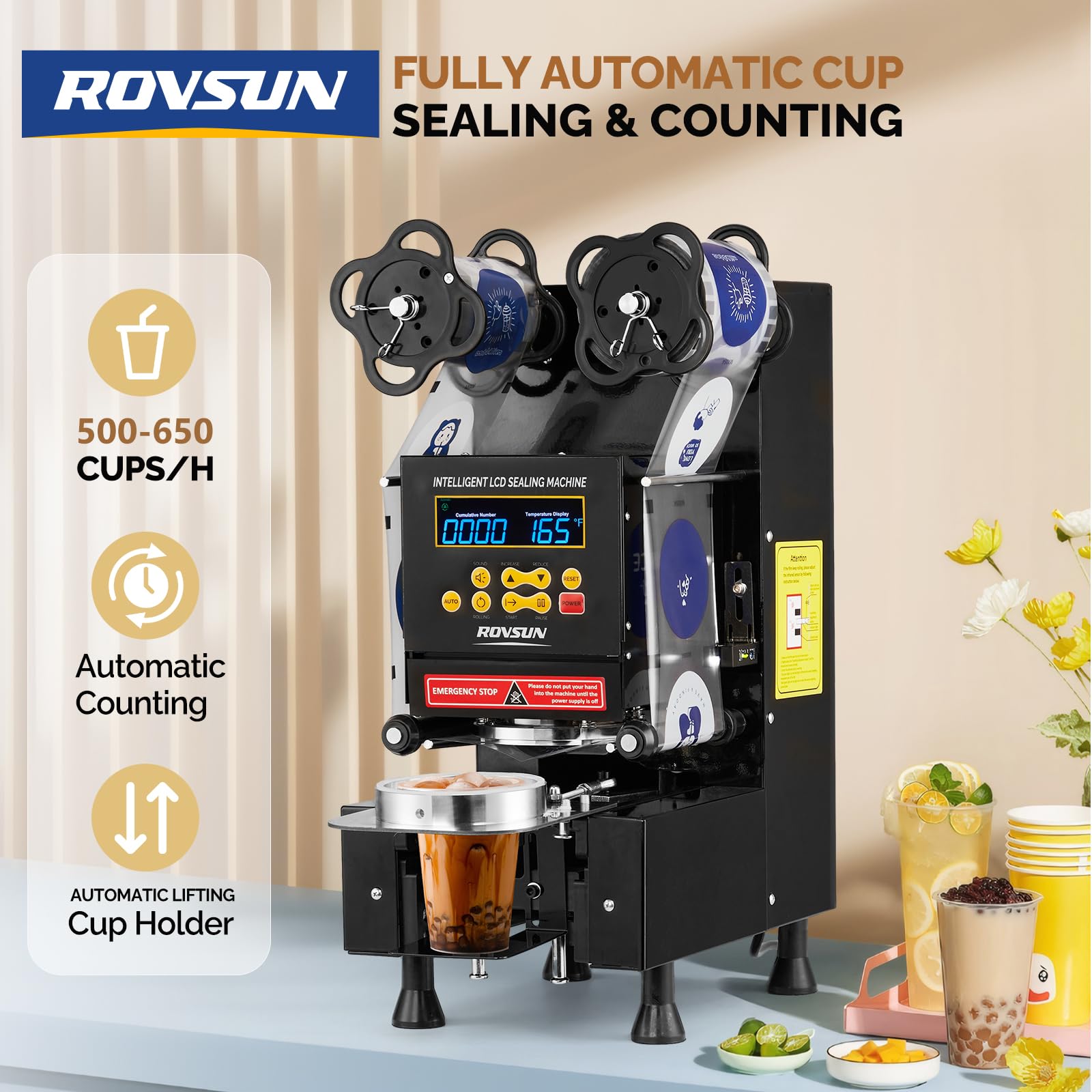 ROVSUN 350W 110V Automatic Cup Sealing Machine with LCD Intelligent Display Black