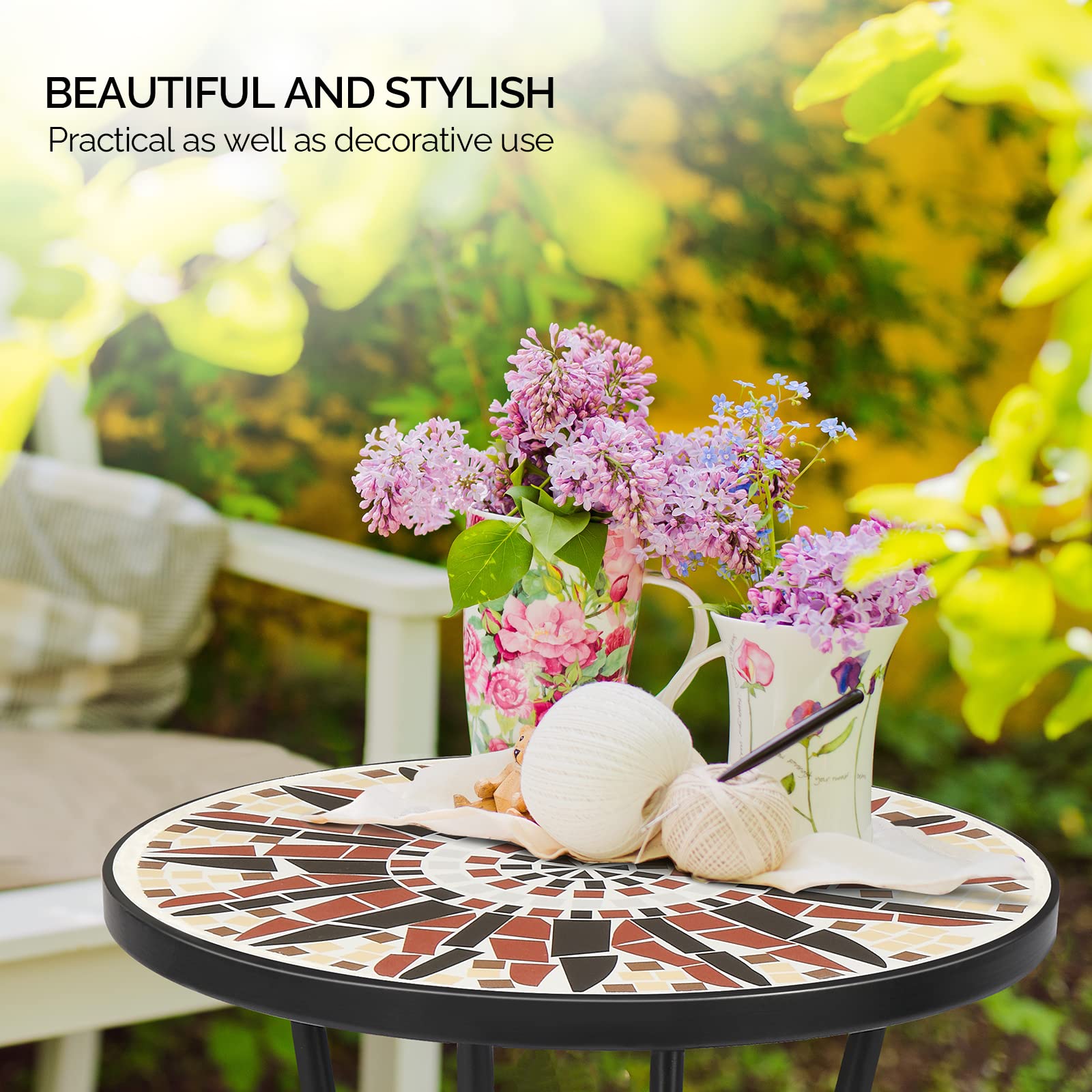 14 Inch Round Mosaic Outdoor Side Table Brown Flower